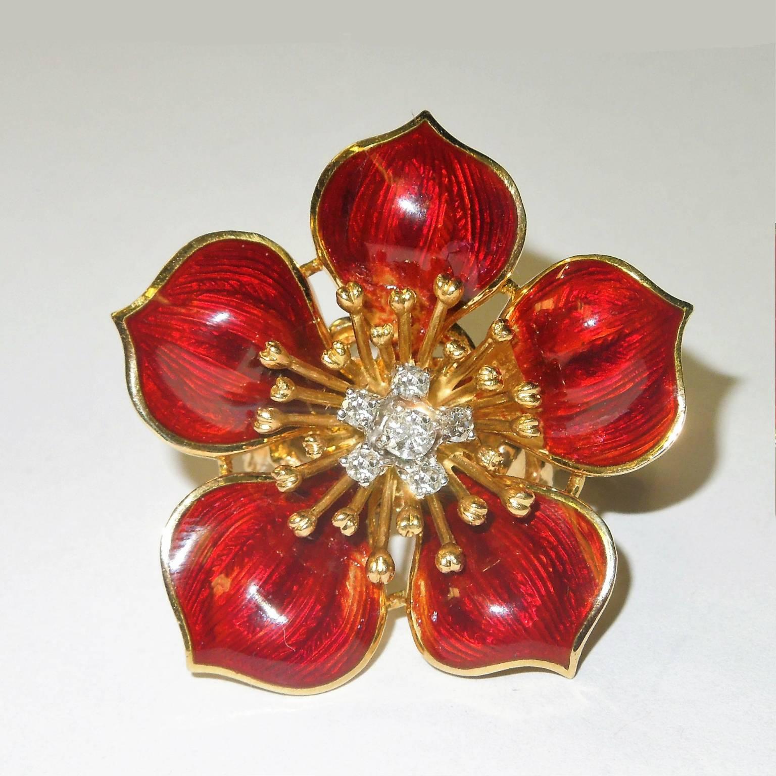 18K Gold Flower Ring with Diamonds and Red Enamel

Apprx. 0.25ct. Diamonds
 
19.75 grams of 18k gold

Leaves of flower have red enamel.

Face has 1.3 inches length

Currently size 6 but sizable

Estate