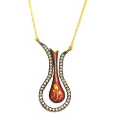 Gold and Diamond Pendant with Red Enamel