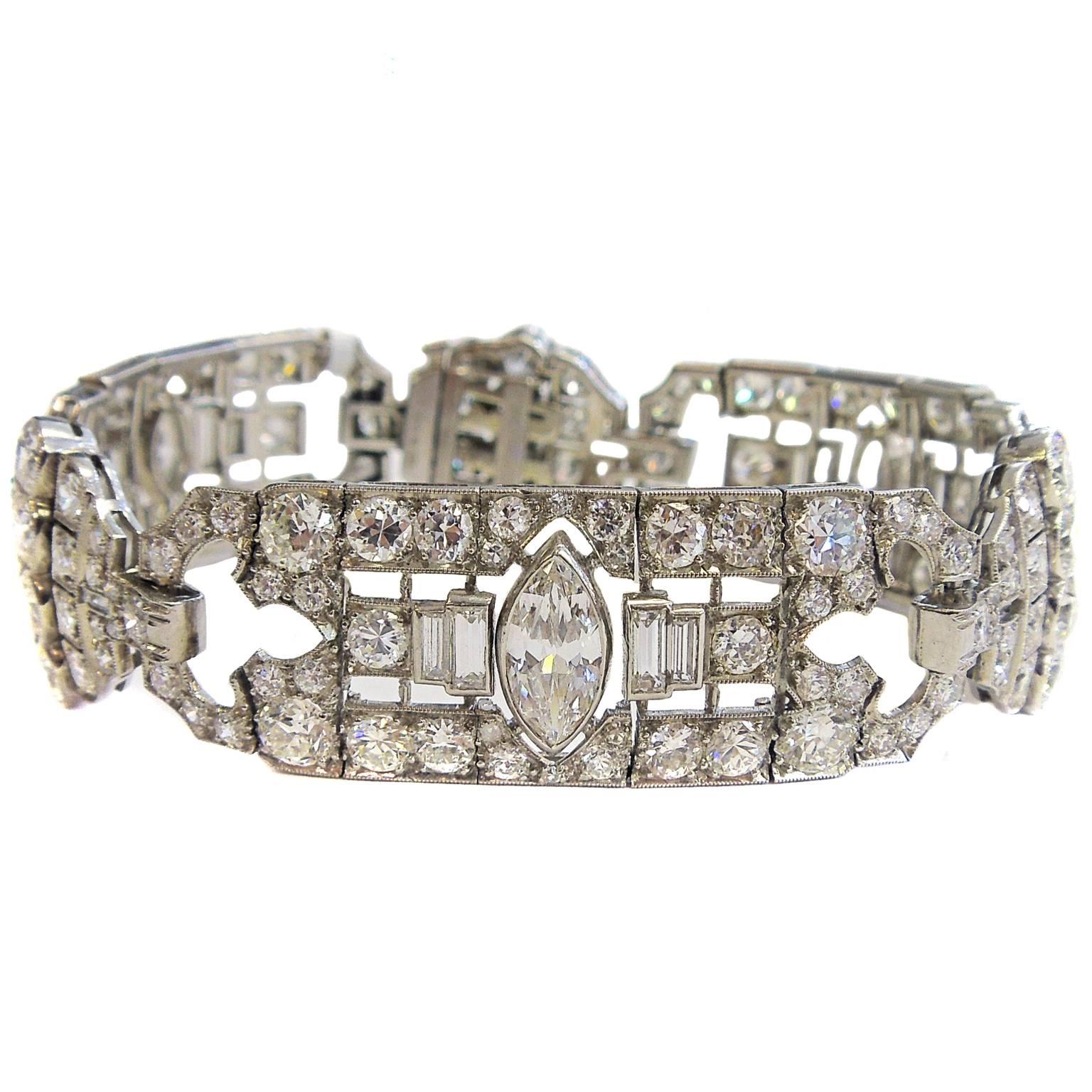 Platinum Art Deco Bracelet with Marquis and Round Diamonds