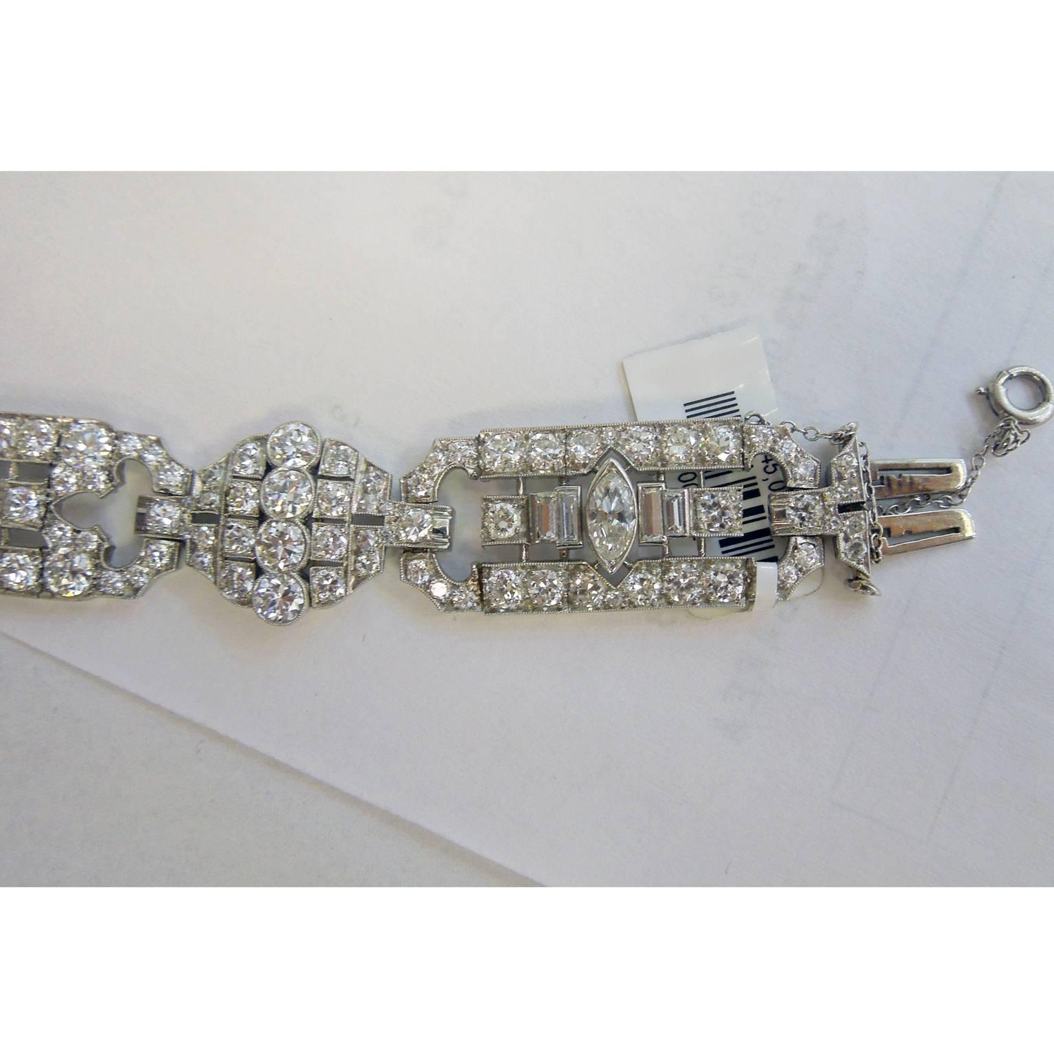 Platinum Art Deco Bracelet with Marquis and Round Diamonds In New Condition In Boca Raton, FL