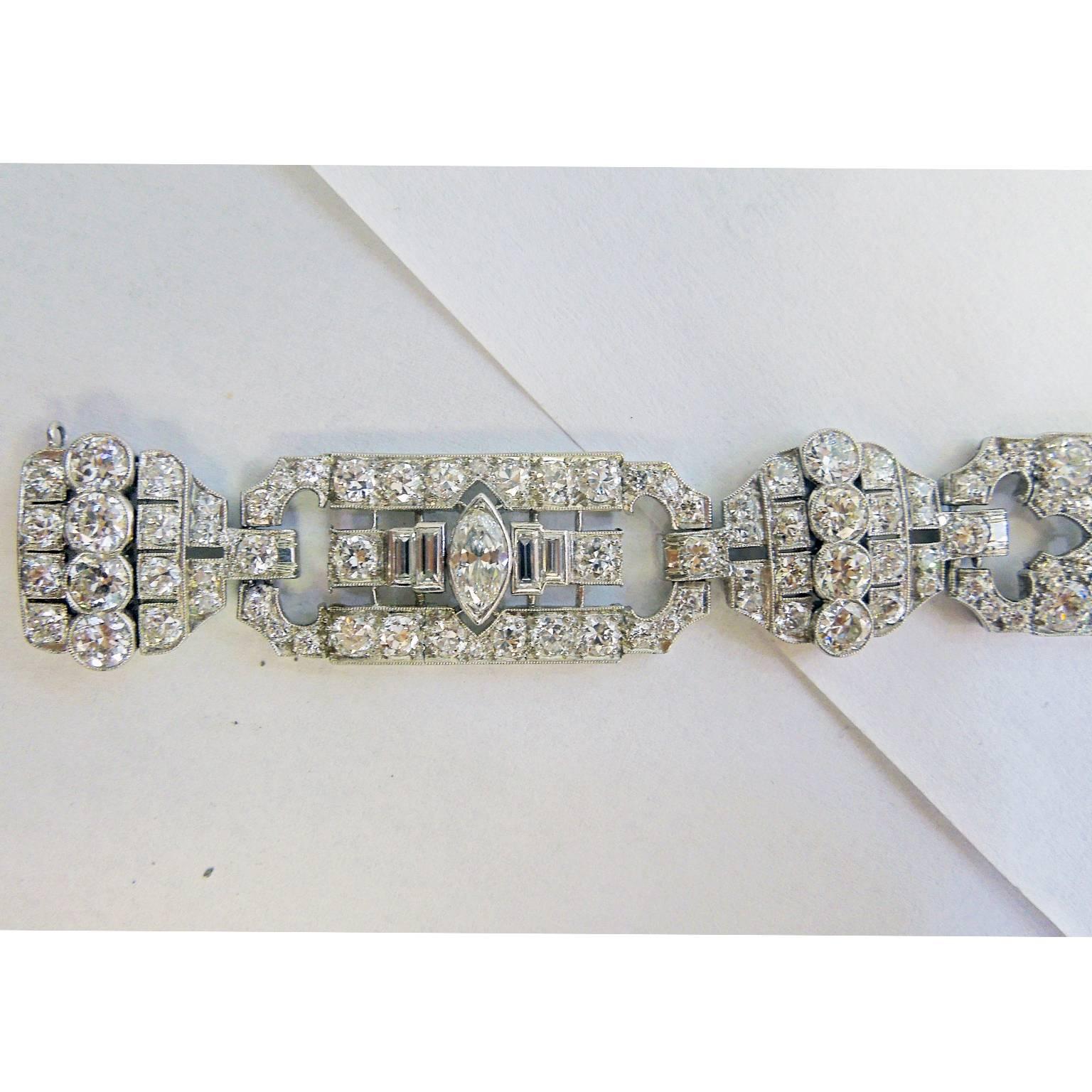 Women's Platinum Art Deco Bracelet with Marquis and Round Diamonds