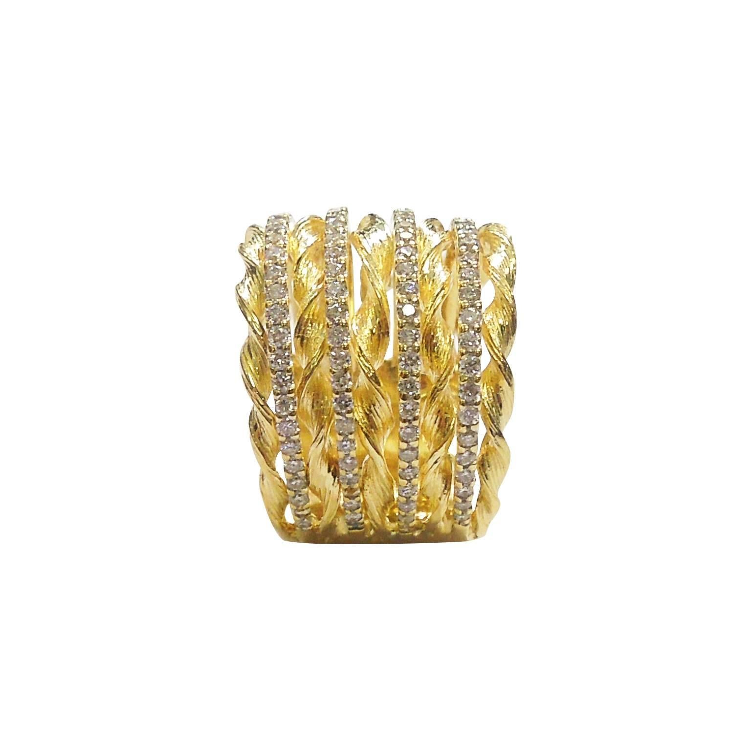 18K Gold Wide Band Ring with Diamonds

1.20ct. apprx. Diamonds. Diamonds cover 3/4 all the way. Bottom portion does not have any diamonds.

Band is 0.7 inch wide.

Currently size 7. Can be sized.

