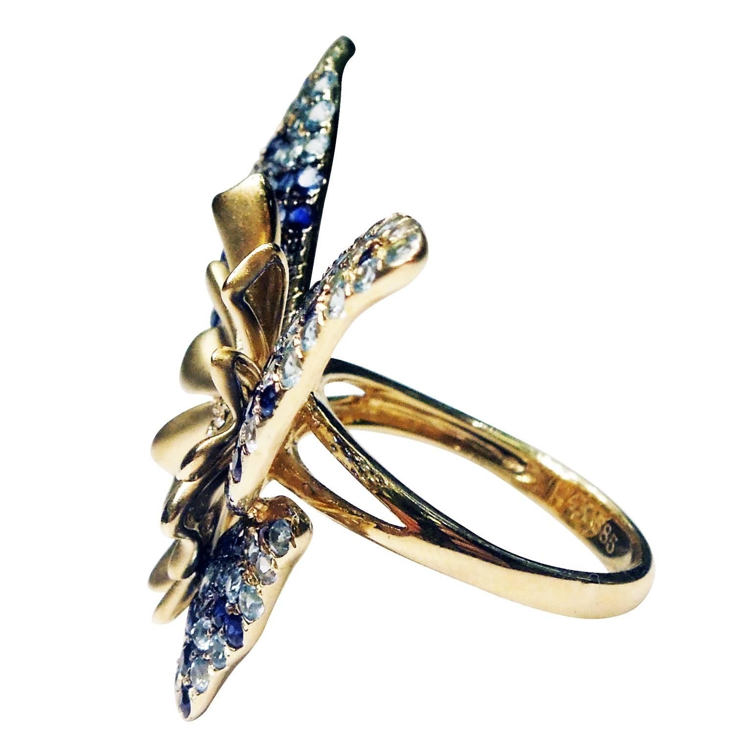 Sapphire Diamond Gold Butterfly Ring In Excellent Condition In Boca Raton, FL