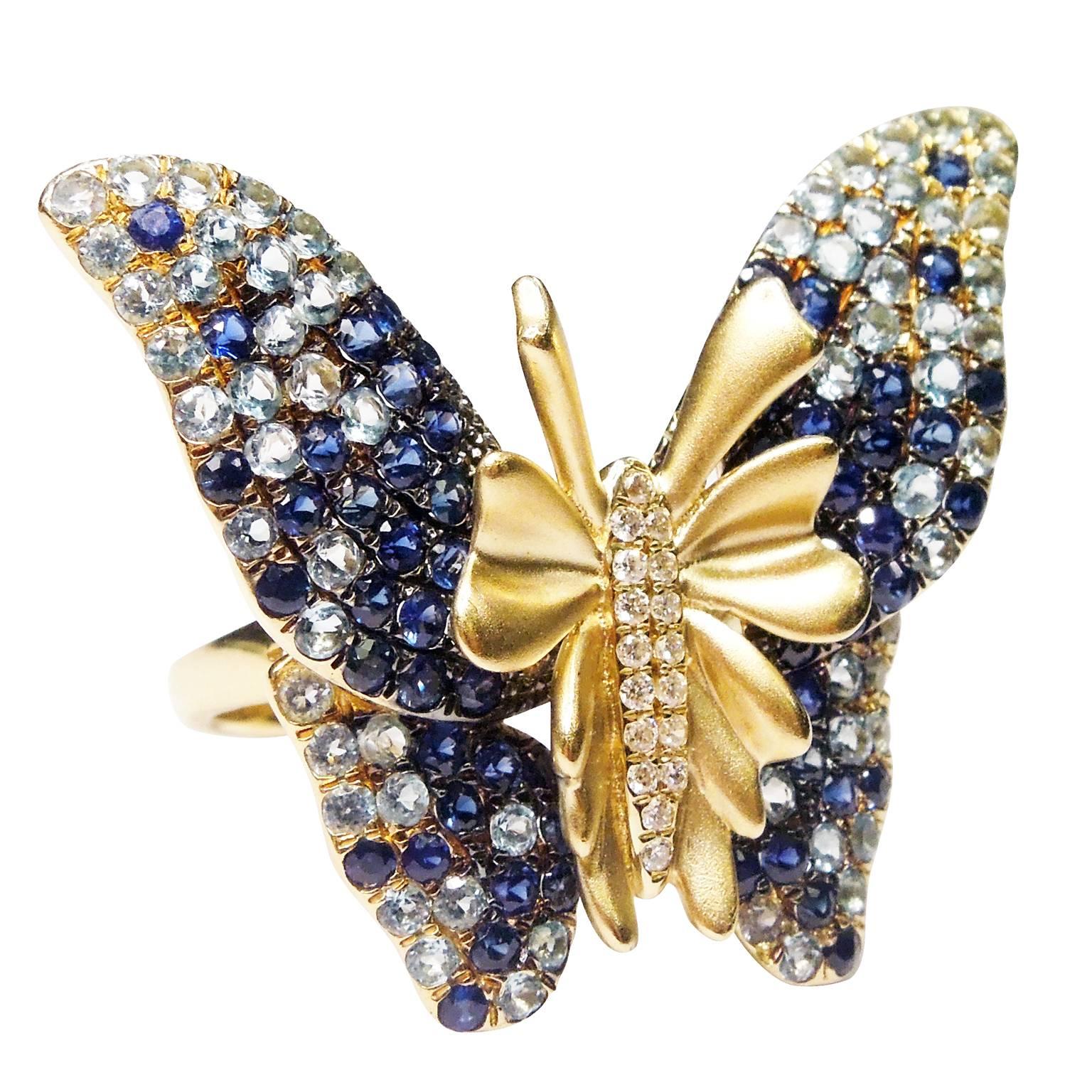 Sapphire Diamond Gold Butterfly Ring