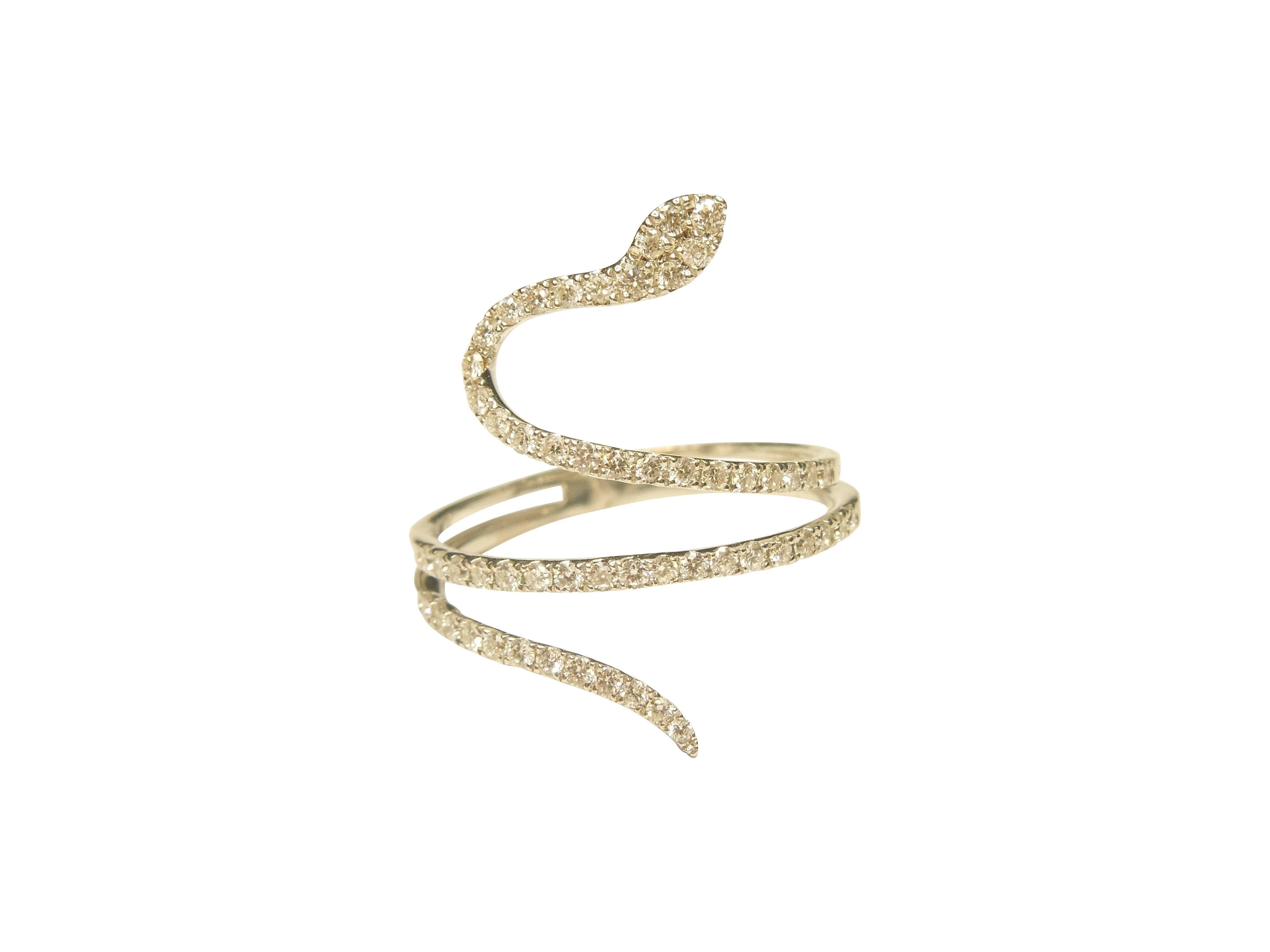 18K Gold Snake Ring with Diamonds

Snake wraps around finger at 0.95 inches length

0.70ct. Diamonds cover face of ring

Currently size 8. Can be sized.

2.60 grams 18k gold
