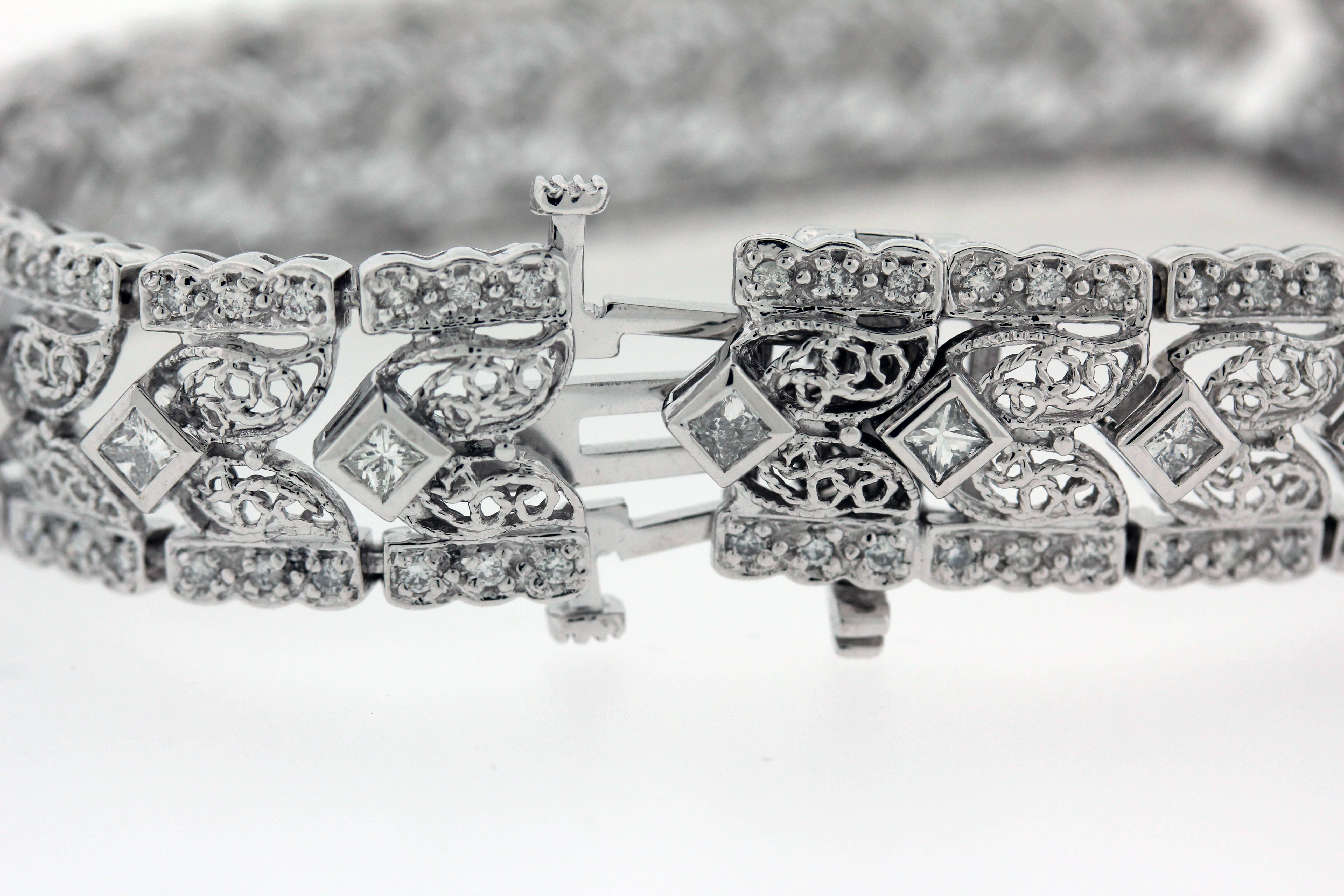 Princess and Round Cut Diamond Open Work Bracelet In New Condition In Boca Raton, FL