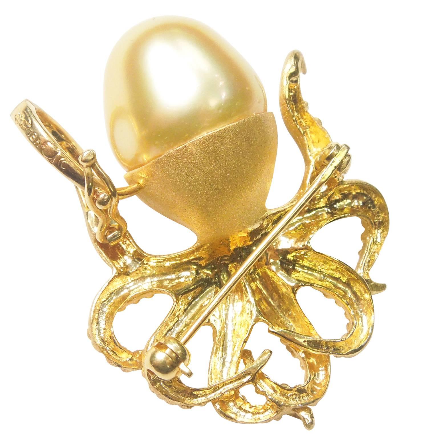 18K Gold Octopus Pendant and Brooch with South Sea Pearl

Stunning One of a Kind Piece

Can be worn as a pendant or brooch. Has both options.

Octopus has slight touch of diamond in the eyes. 

South Sea Pearl is golden yellow. 

Octopus is 1.5