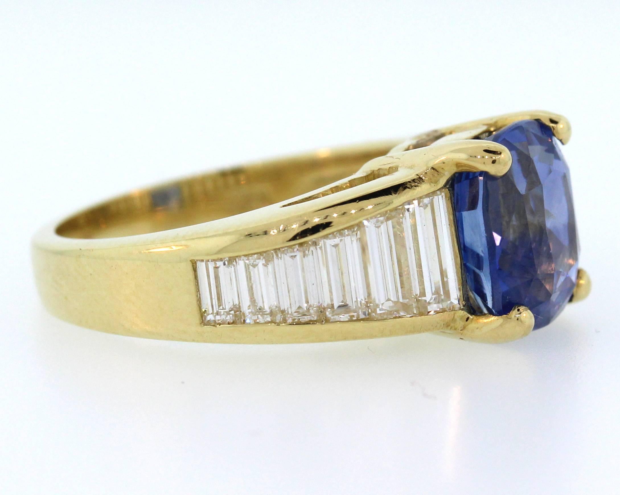 4.36 Carat AGL Certified Ceylon Blue Sapphire Baguette Diamond Ring In New Condition In Boca Raton, FL