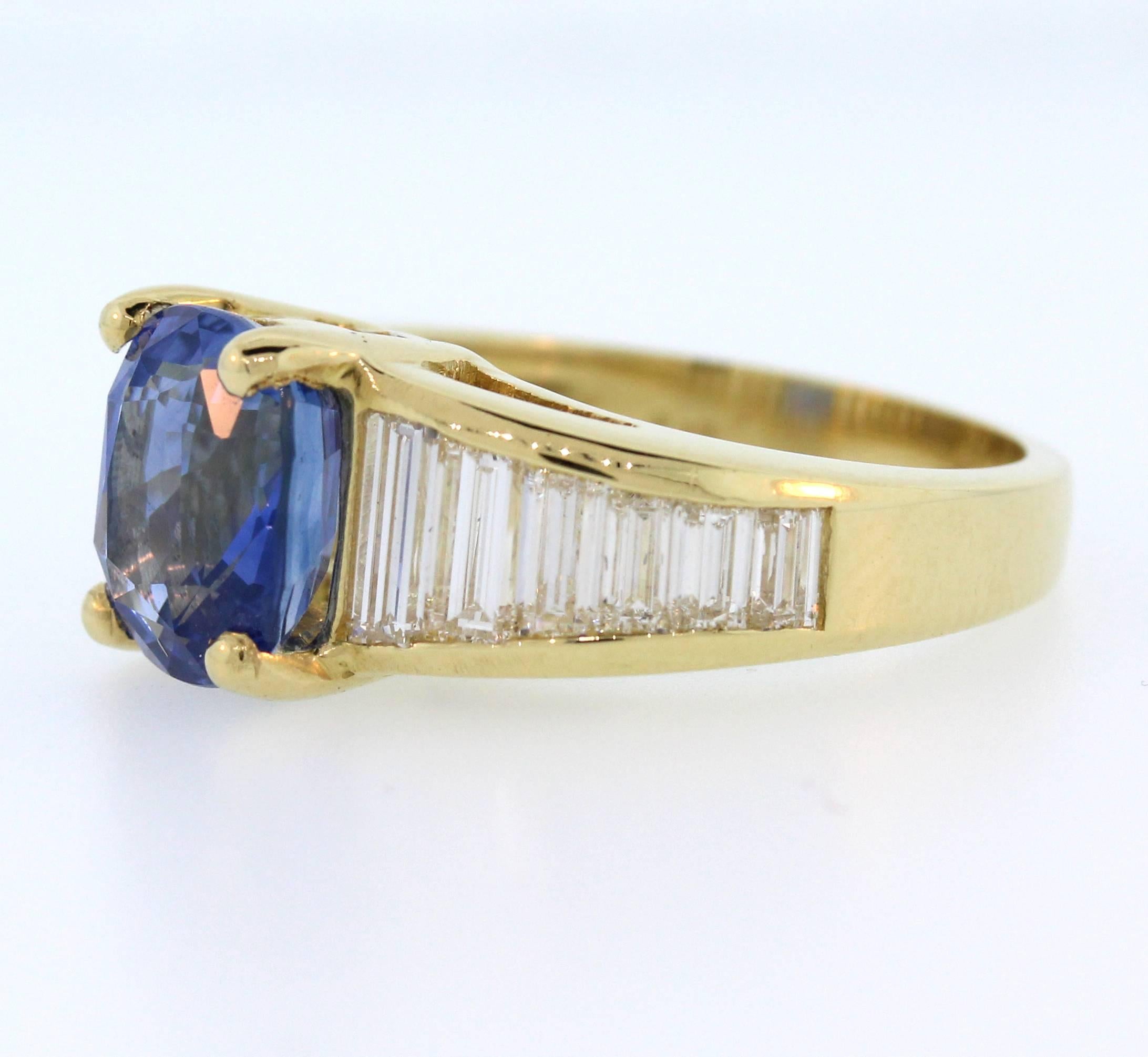 Women's 4.36 Carat AGL Certified Ceylon Blue Sapphire Baguette Diamond Ring