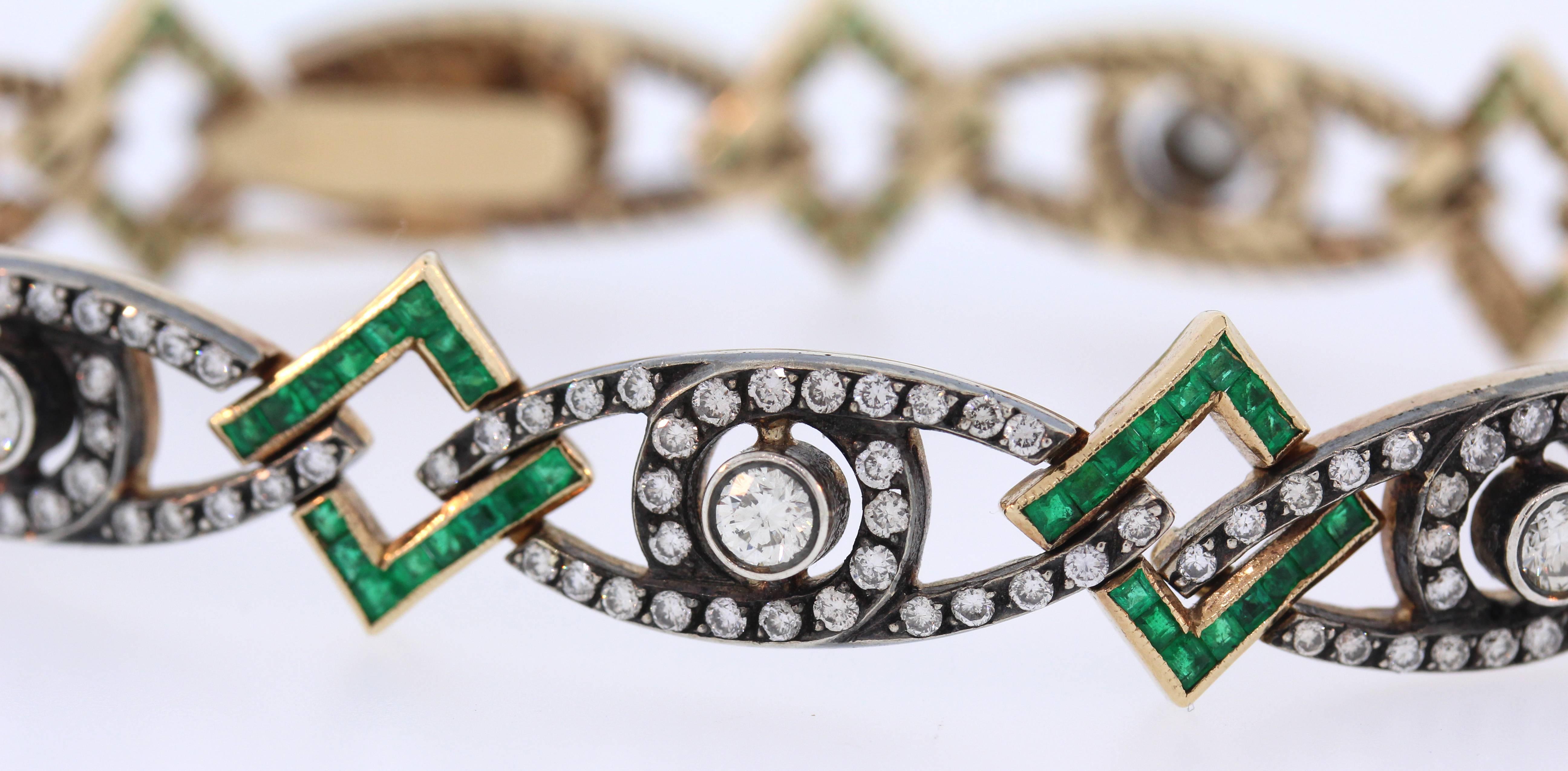 Antique 18K Gold Bracelet with Emeralds and Diamonds

Diamonds are set on blackened gold.

7 round (0.20ct. apprx each) diamonds are surrounded by diamonds. Each section separated by emerald set links. 

Antique, from 1950s. 

Bracelet is 7 inches