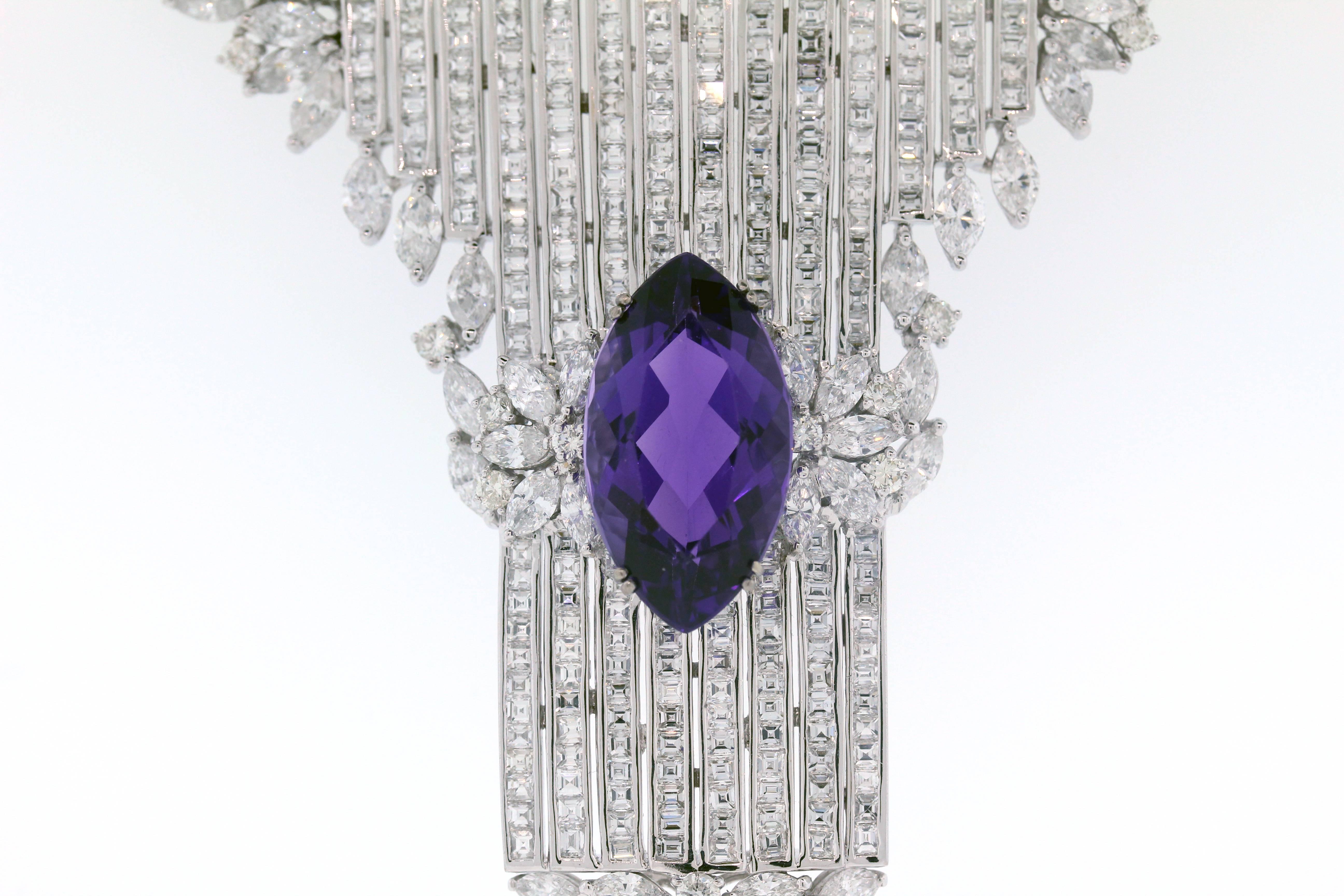 18K White Gold Necklace with Diamonds and Amethyst center

Apprx. 55.00ct. Marquis, Princess and Round cut Diamonds throughout necklace

Truly unbelievable and a one-of-a-kind

Necklace is for 16 inch neck. Pendant drop is 3 inches in length.

Width