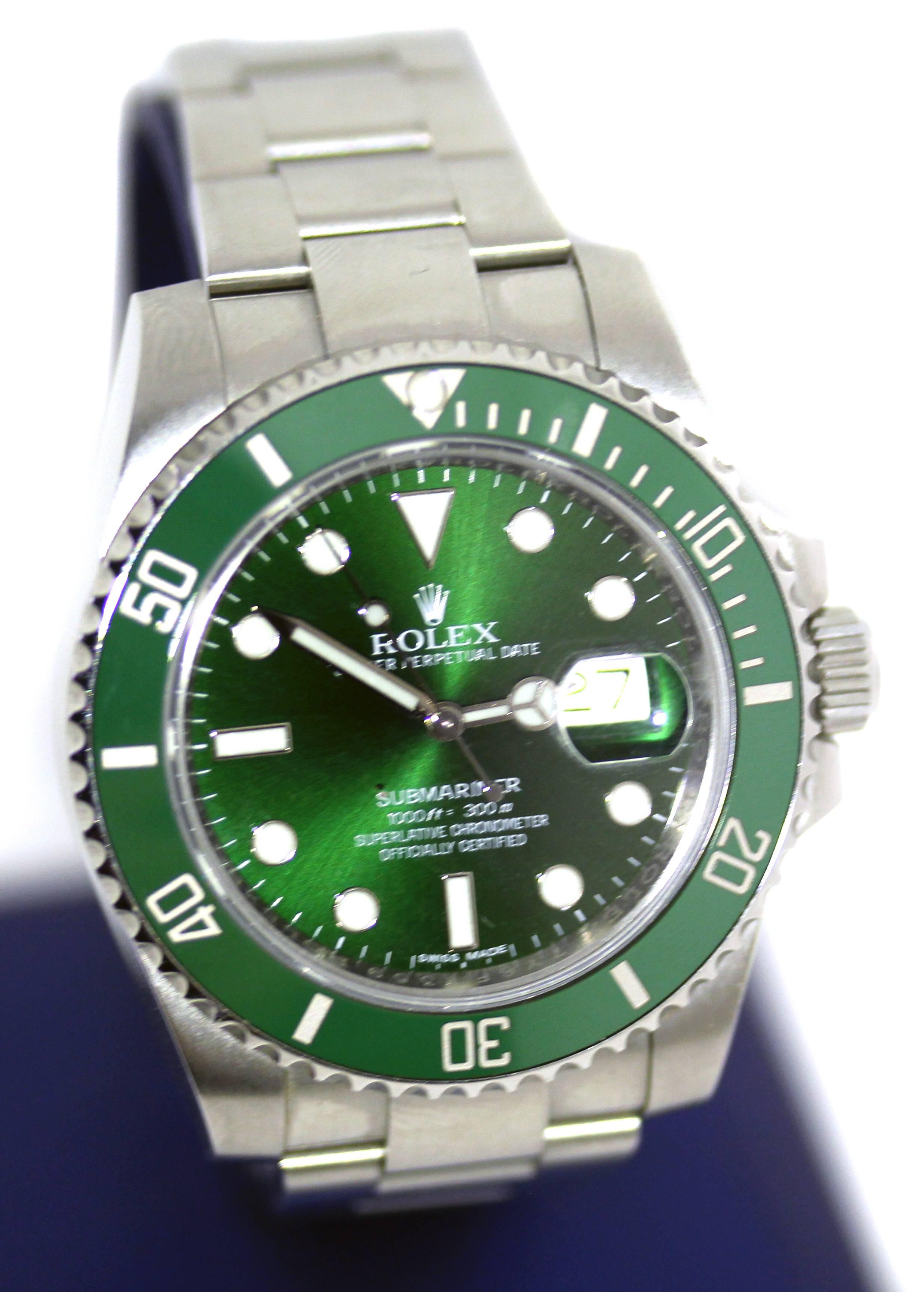 Rolex Stainless Steel Submariner Green Dial Hulk Wristwatch Ref 116610LV In Excellent Condition In Boca Raton, FL