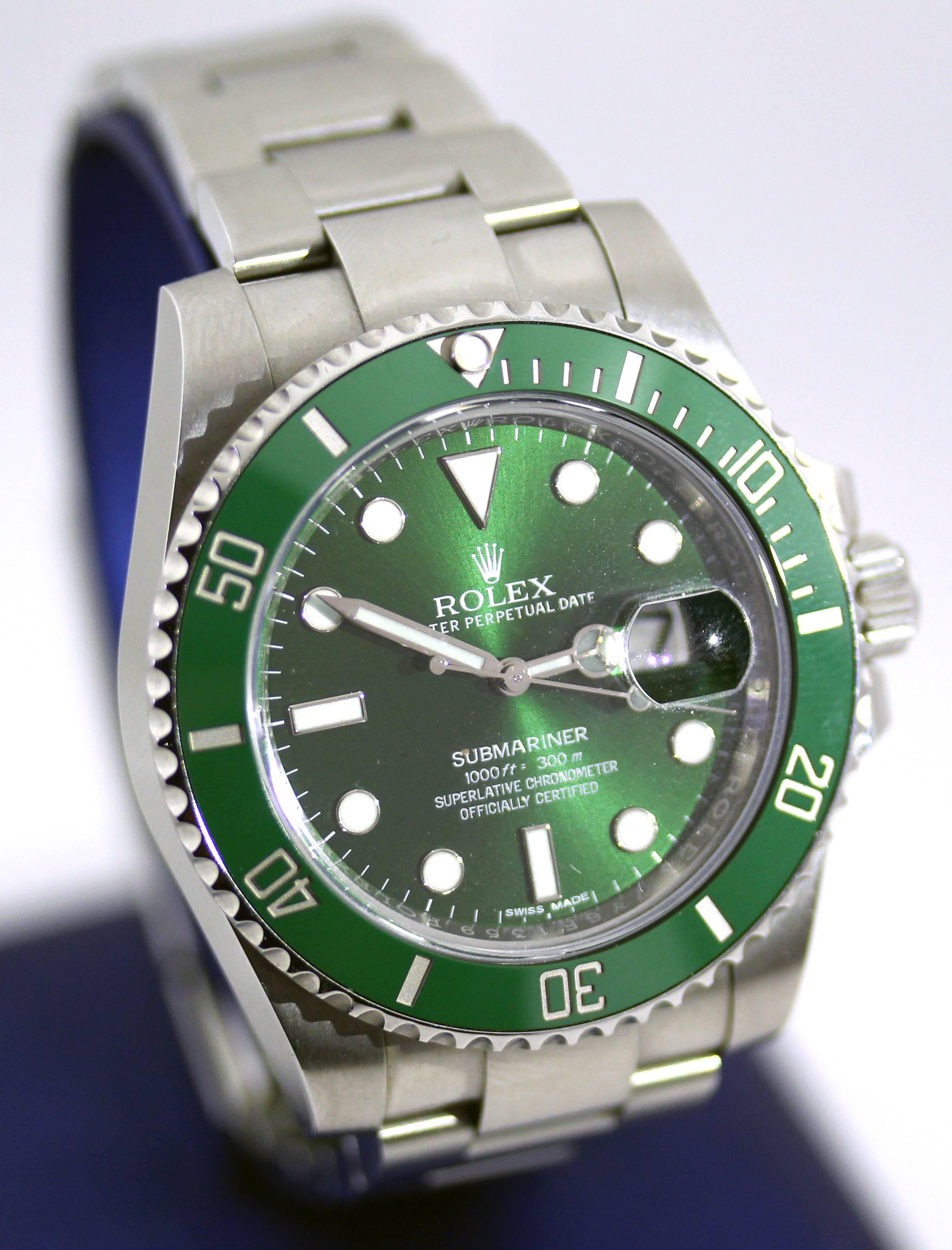 Men's Rolex Stainless Steel Submariner Green Dial Hulk Wristwatch Ref 116610LV