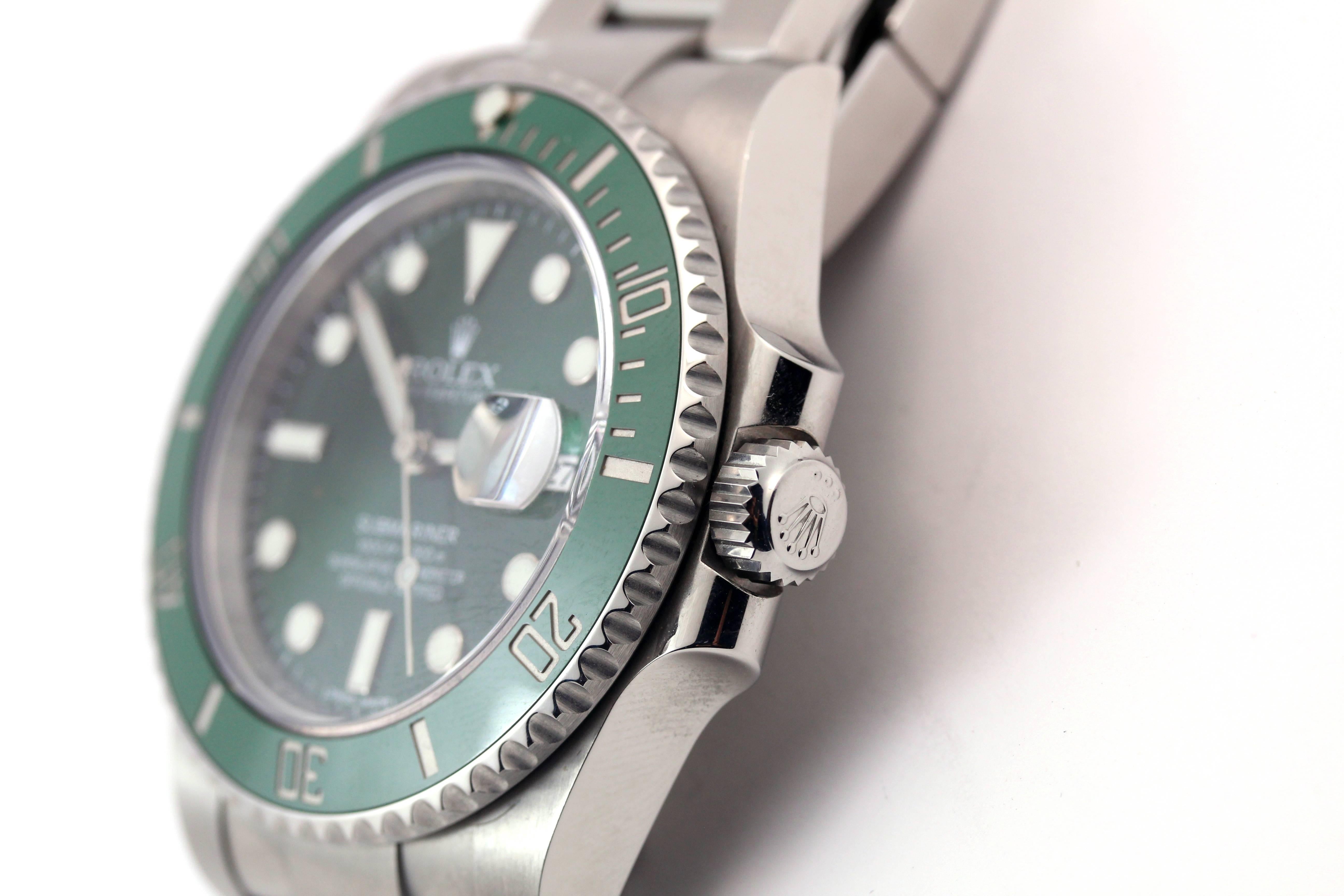 Rolex Stainless Steel Submariner Green Dial Hulk Wristwatch Ref 116610LV 4