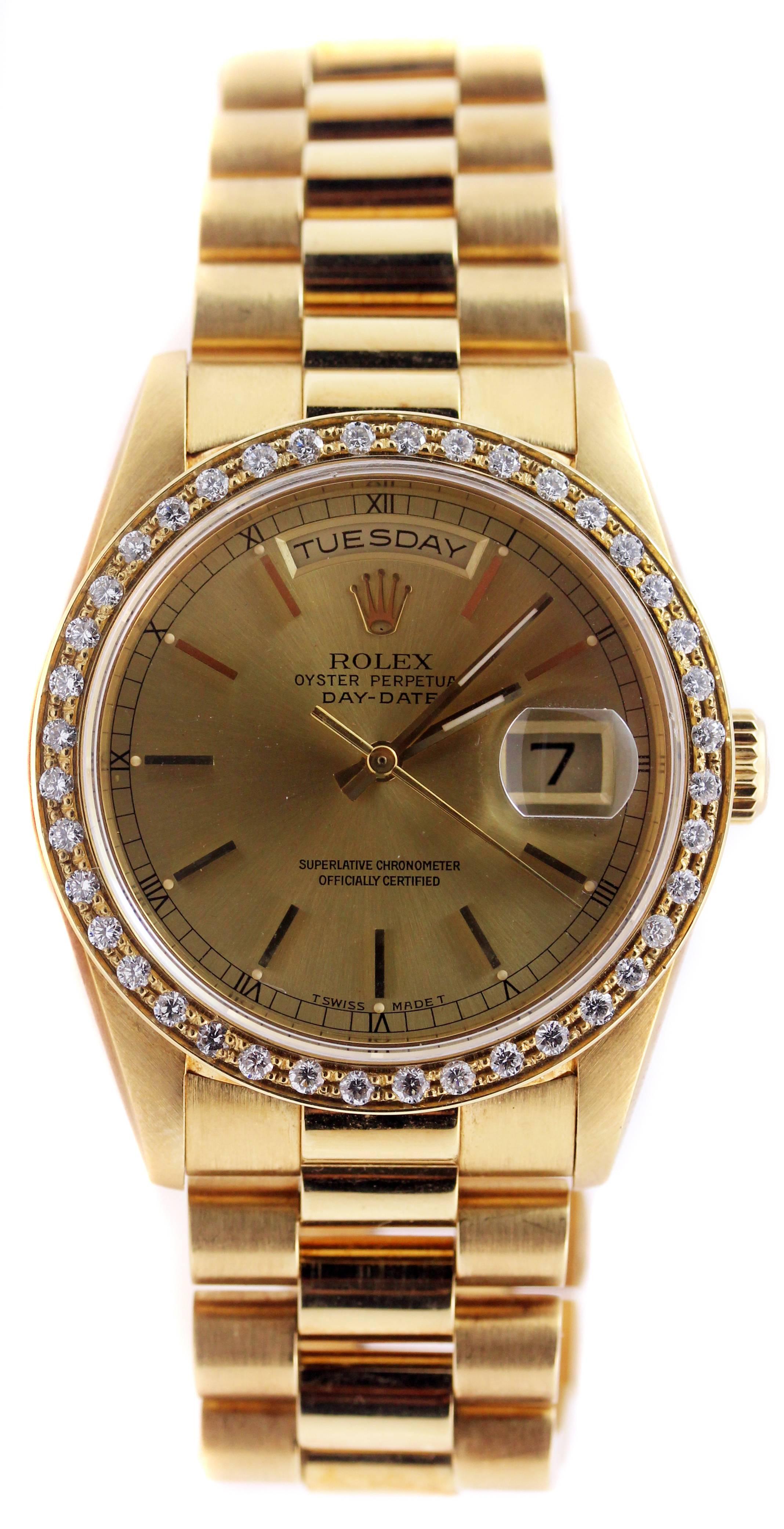 Rolex Yellow Gold Diamond Bezel Double Quick Day Date President Wristwatch In Excellent Condition In Boca Raton, FL