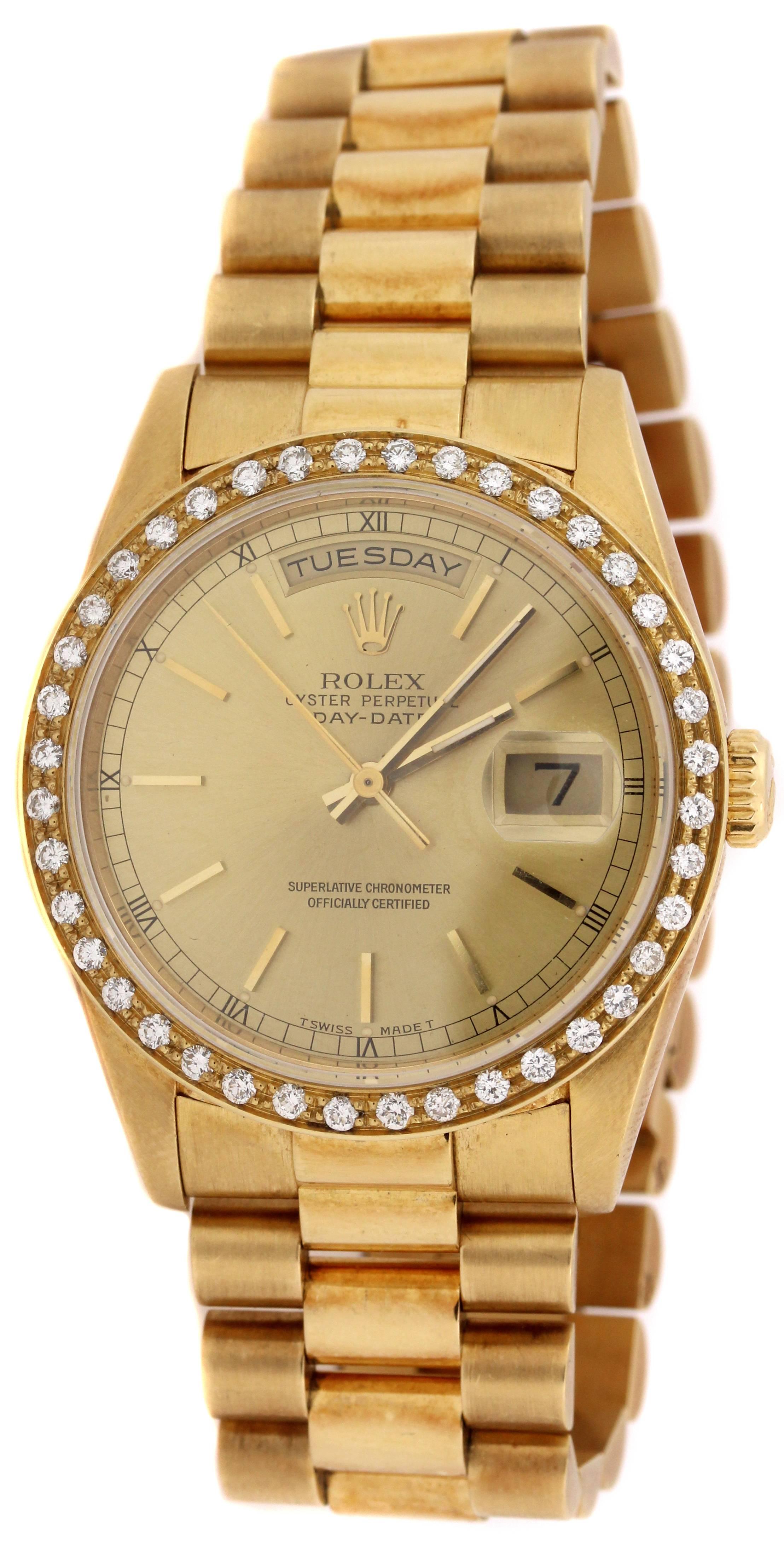 Men's Rolex Yellow Gold Diamond Bezel Double Quick Day Date President Wristwatch