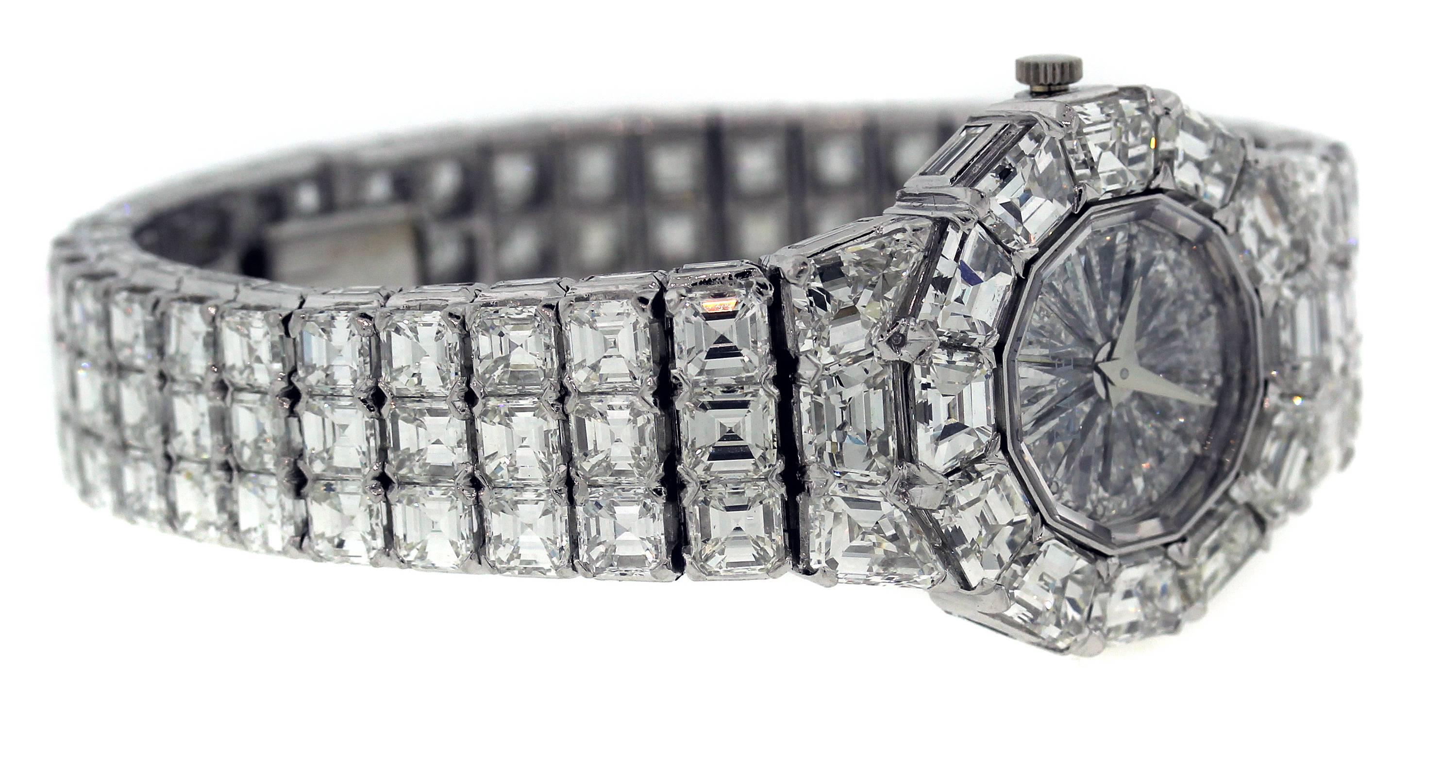 One-of-a-kind wrist watch by Swiss watchmaker Piaget

Set with 172 brilliant-cut diamonds (Apprx. 70 carats) throughout entire bracelet, round case, with back engraved with Piaget, the reference number and secured by four screws. Diamonds are