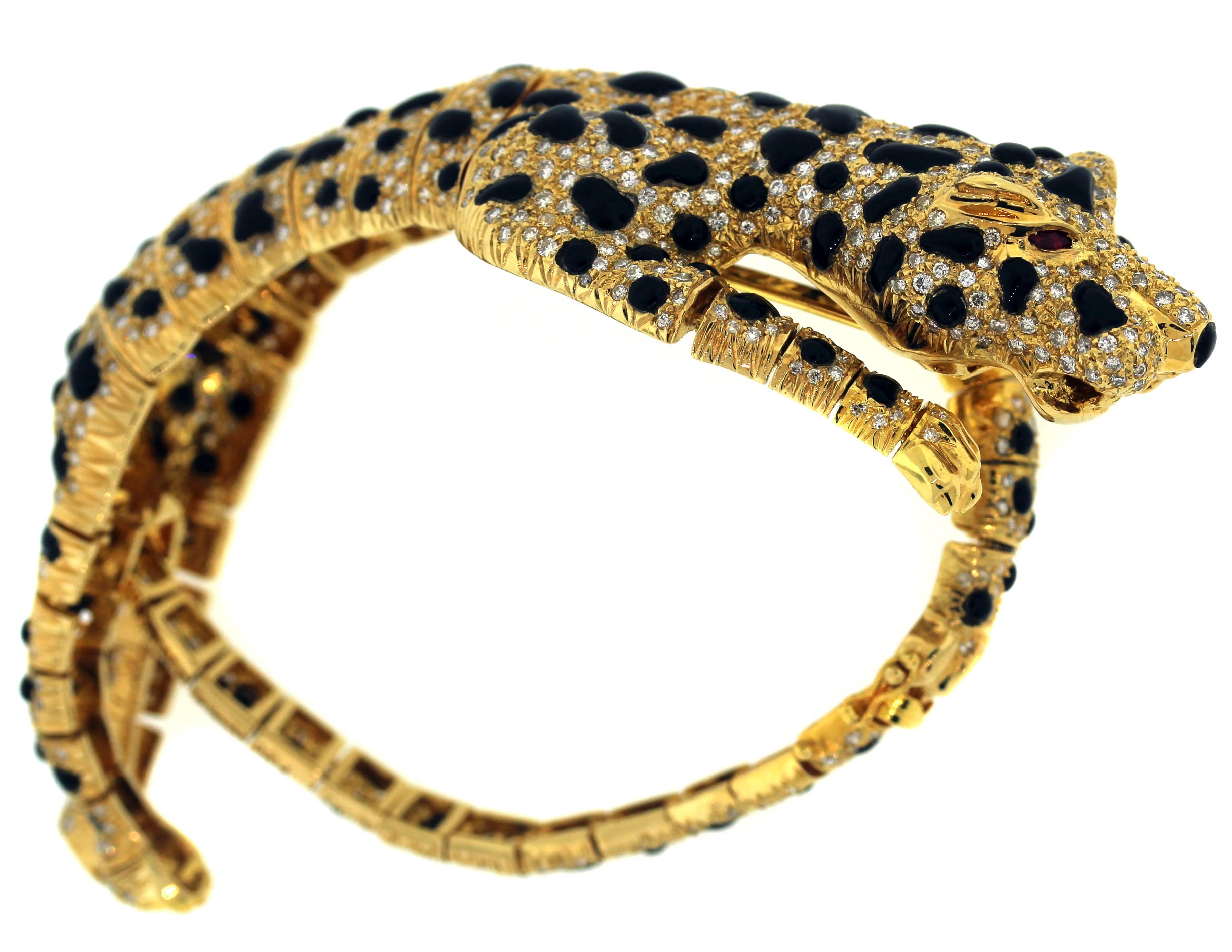 Yellow Gold Diamond Black Enamel Tiger Bracelet 1