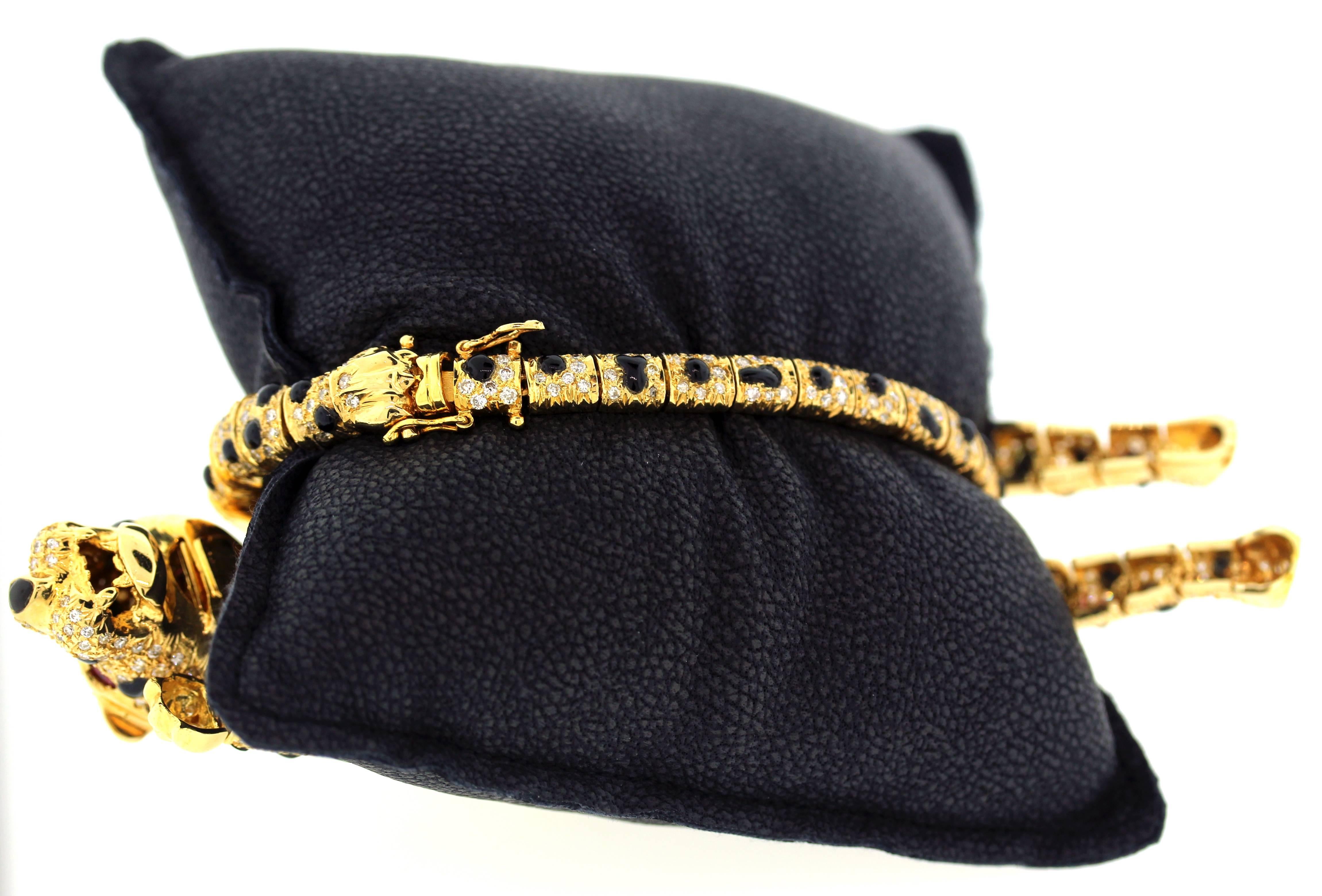 Yellow Gold Diamond Black Enamel Tiger Bracelet In New Condition In Boca Raton, FL