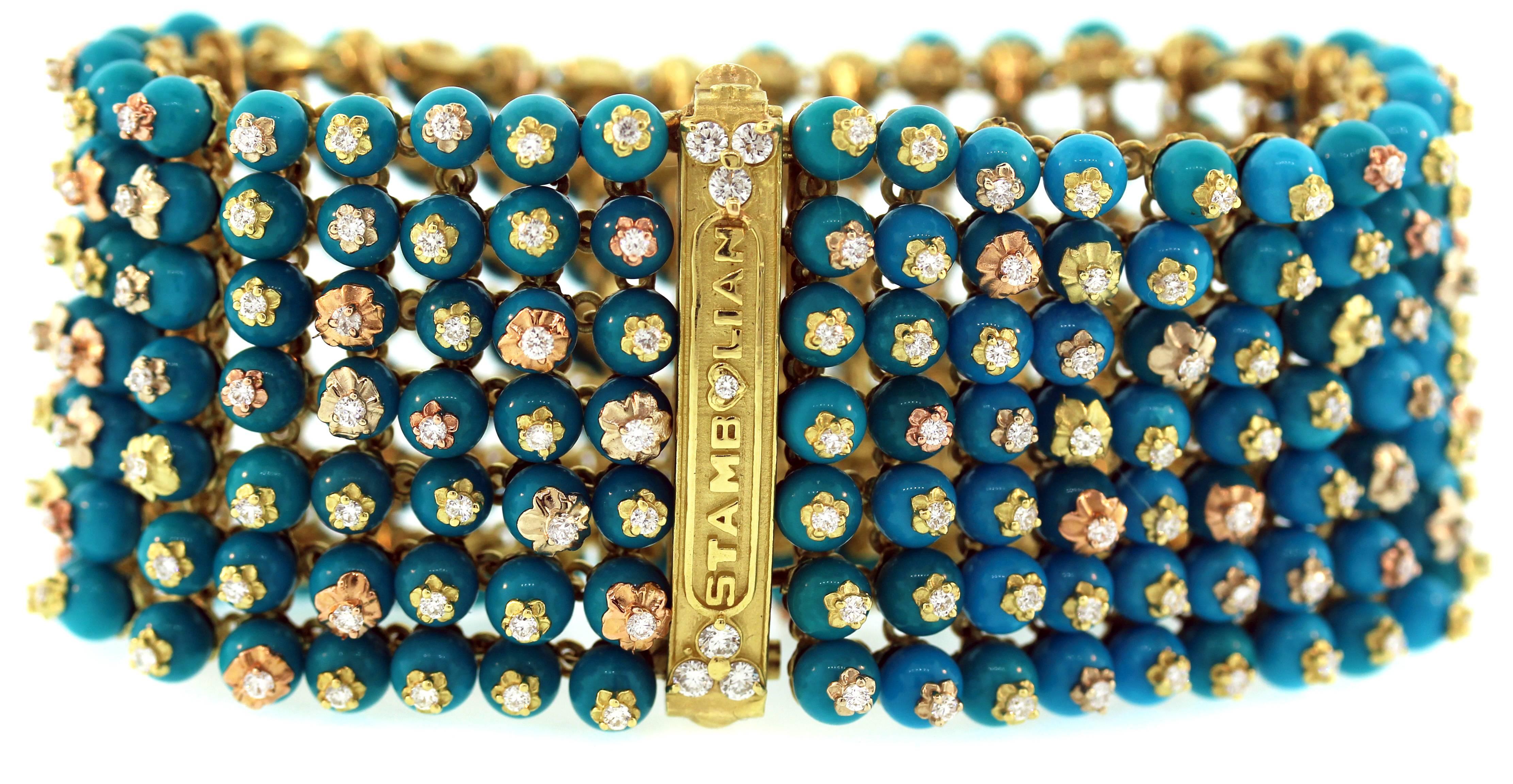 Stambolian 18K Gold Bracelet with Sleeping Beauty Turquoise and Diamonds

205 carats of AAA Quality Sleeping Beauty Turquoise cover this entire bracelet with Tri-Color Gold and Diamond Flowers set ontop each stone.

3.89ct. G Color, VS Clarity