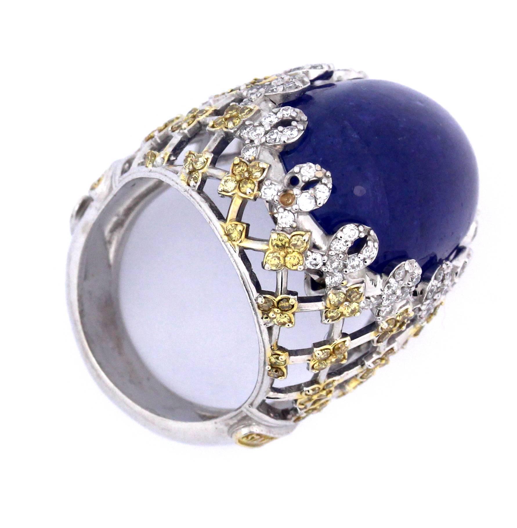 Women's Stambolian Cabochon Tanzanite Yellow and White Diamond Gold Ring