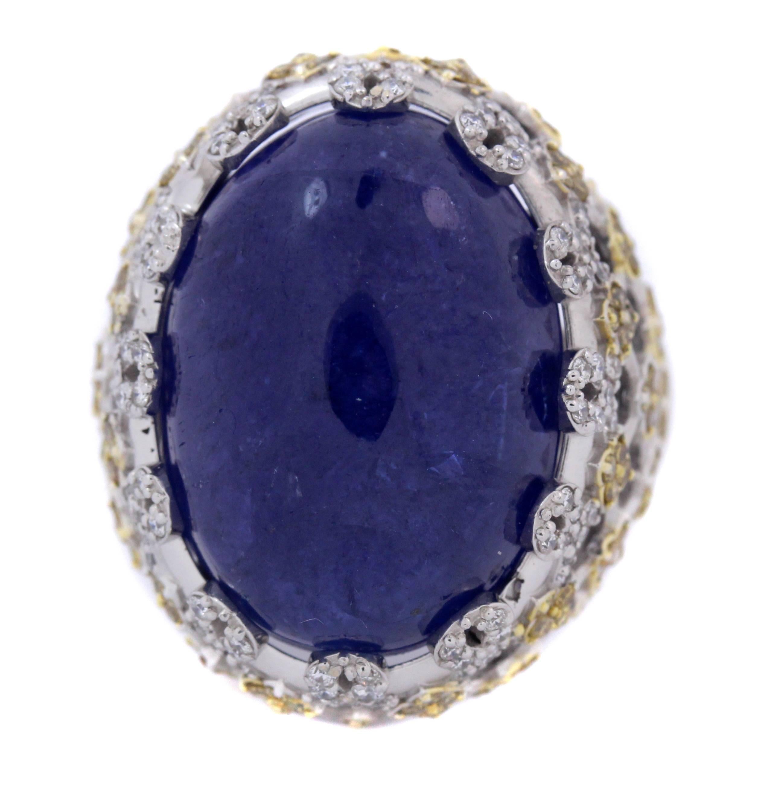 Stambolian Cabochon Tanzanite Yellow and White Diamond Gold Ring 1