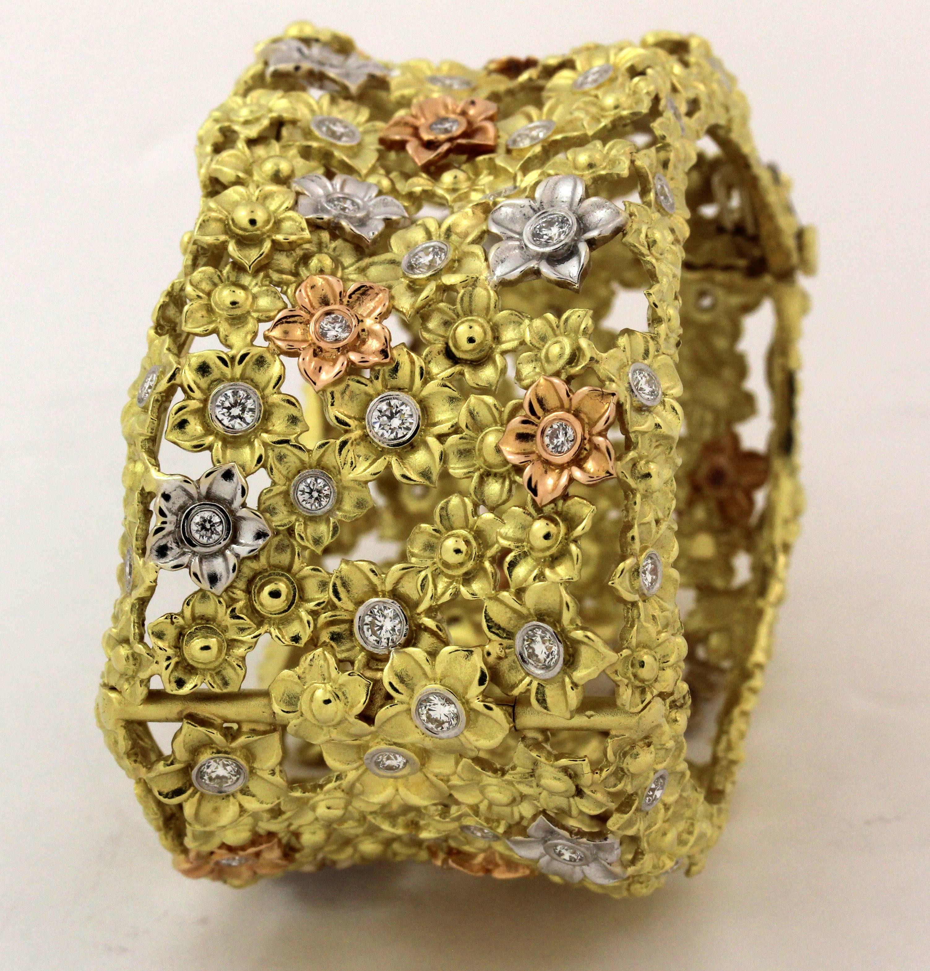 Stambolian Tri-Color Gold and Diamond Cuff In New Condition In Boca Raton, FL