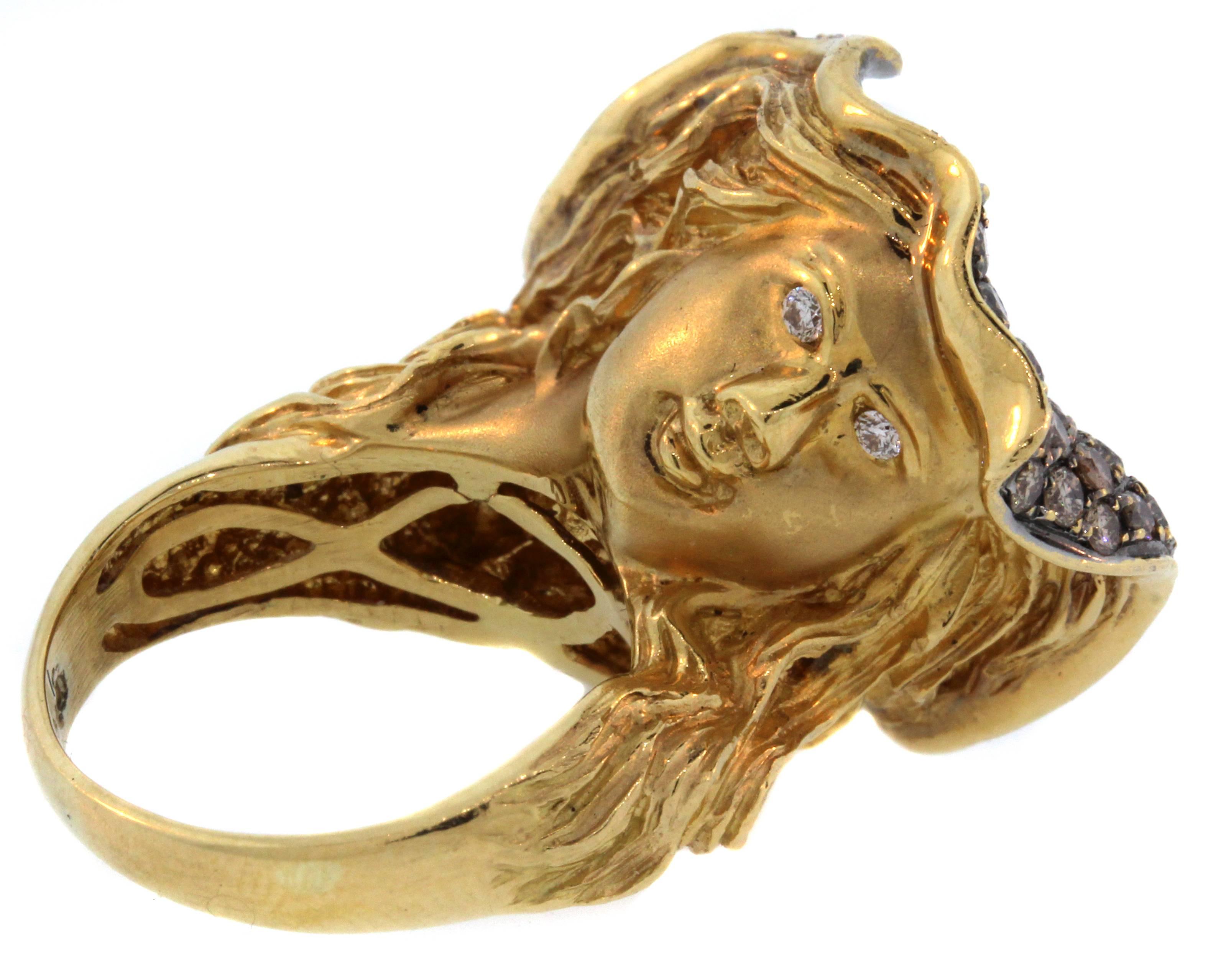 Brown and White Diamond Curved Cocktail Ring with Carved Lady 1