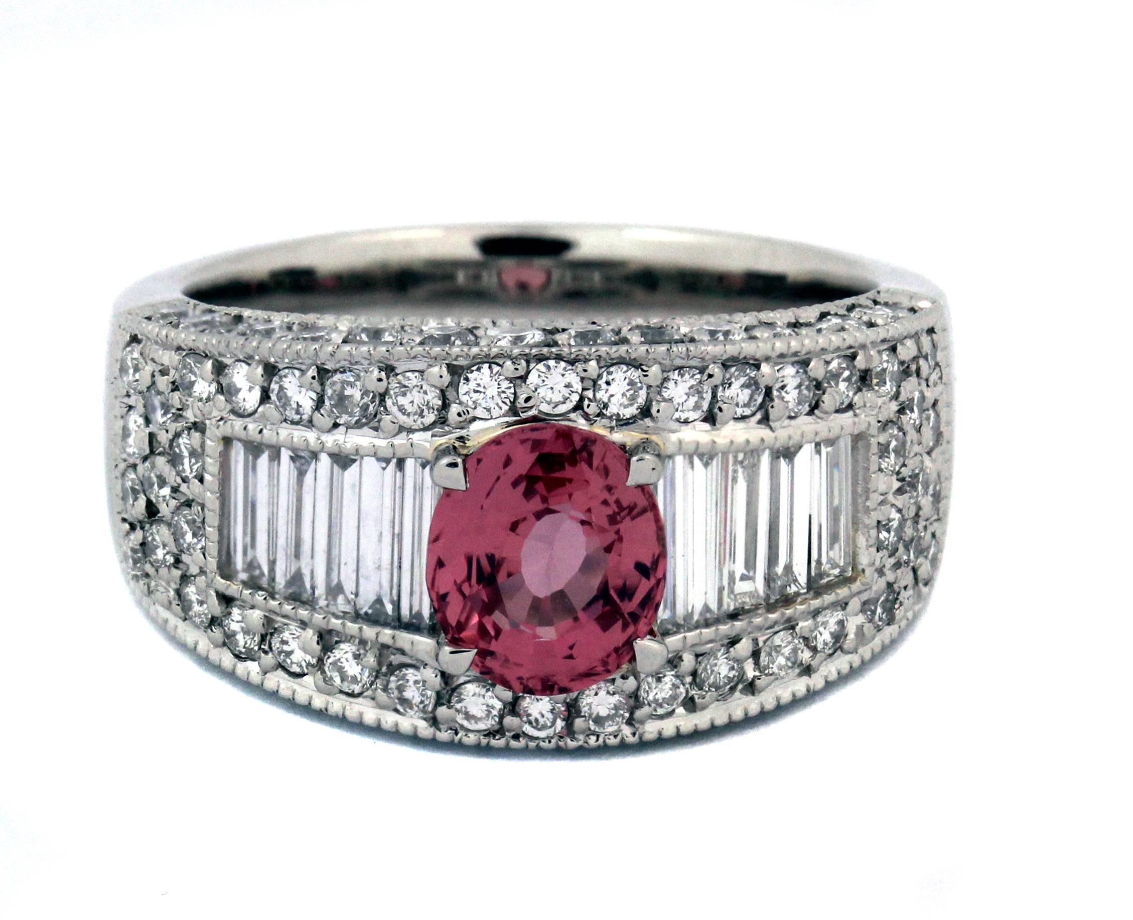 GIA Certified Padparadscha Sapphire Baguette Diamond Platinum Ring In New Condition In Boca Raton, FL