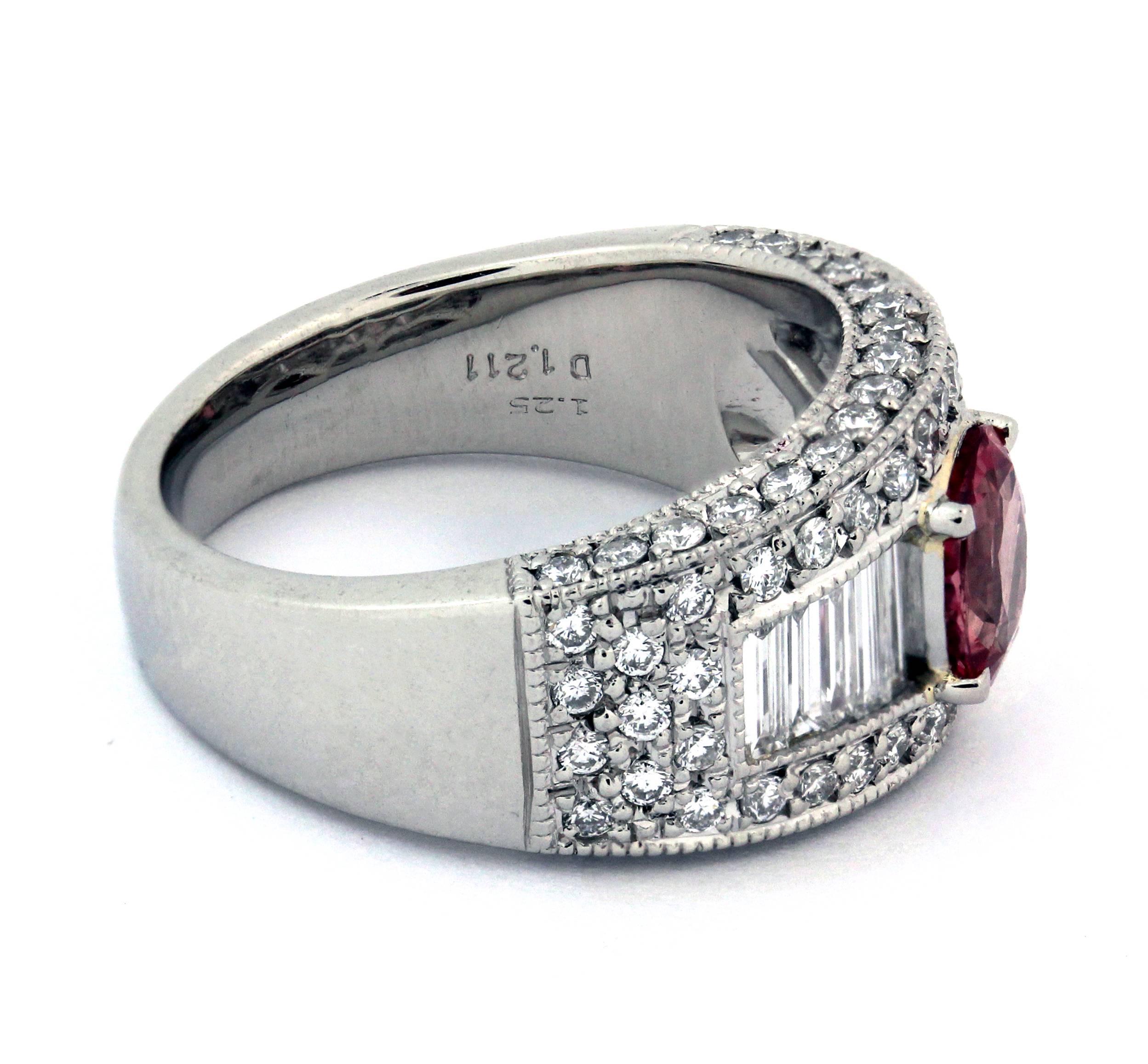 Women's GIA Certified Padparadscha Sapphire Baguette Diamond Platinum Ring