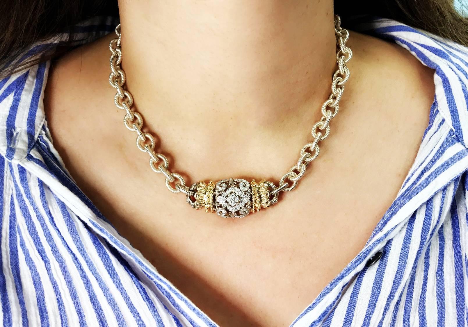 Women's Silver Gold and Diamond Link Chain Necklace