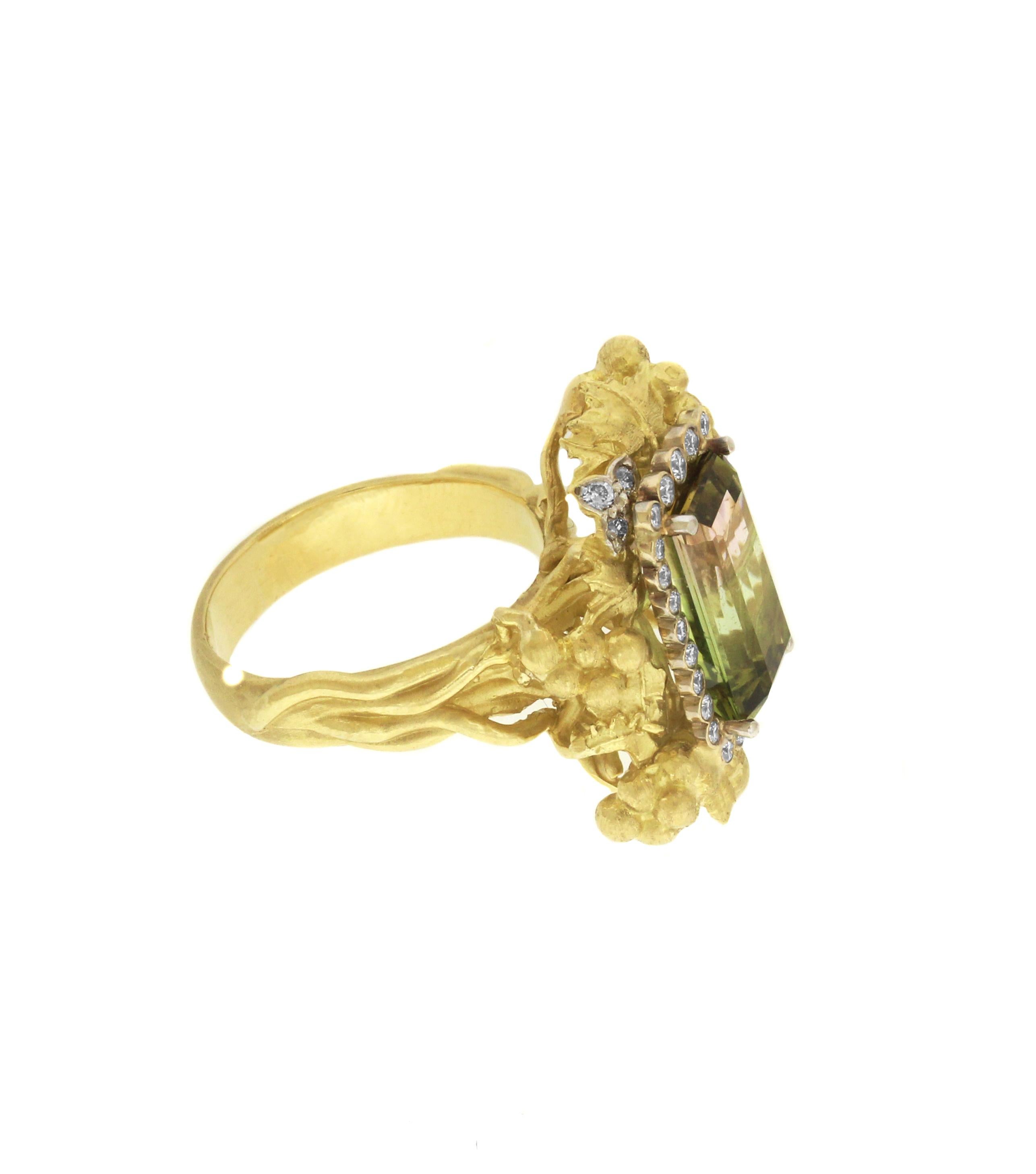 Emerald Cut Bicolor Tourmaline and Diamond Yellow Gold Cocktail Ring Stambolian