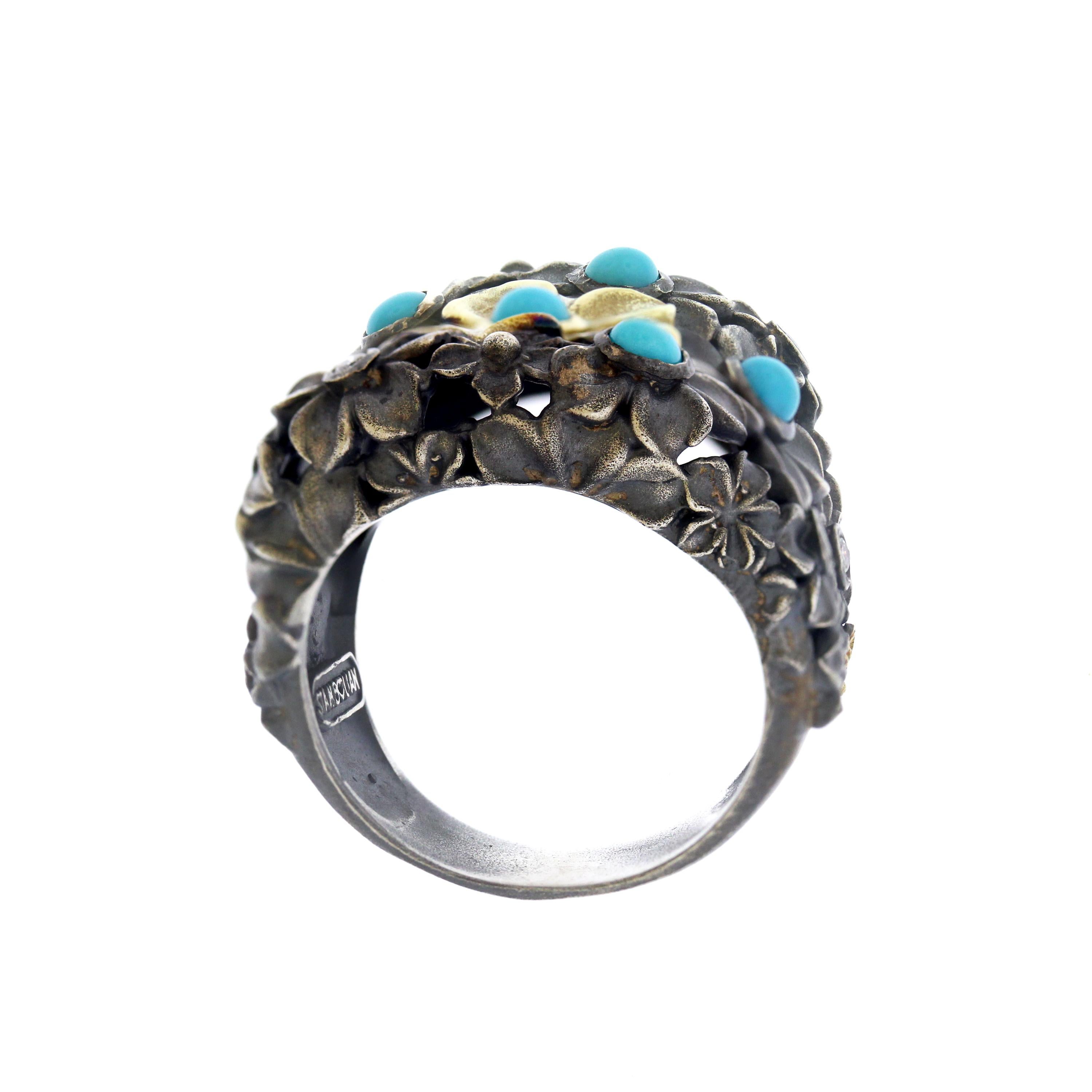 Turquoise Sterling Silver Gold and Diamond Flower Ring Stambolian In New Condition In Boca Raton, FL