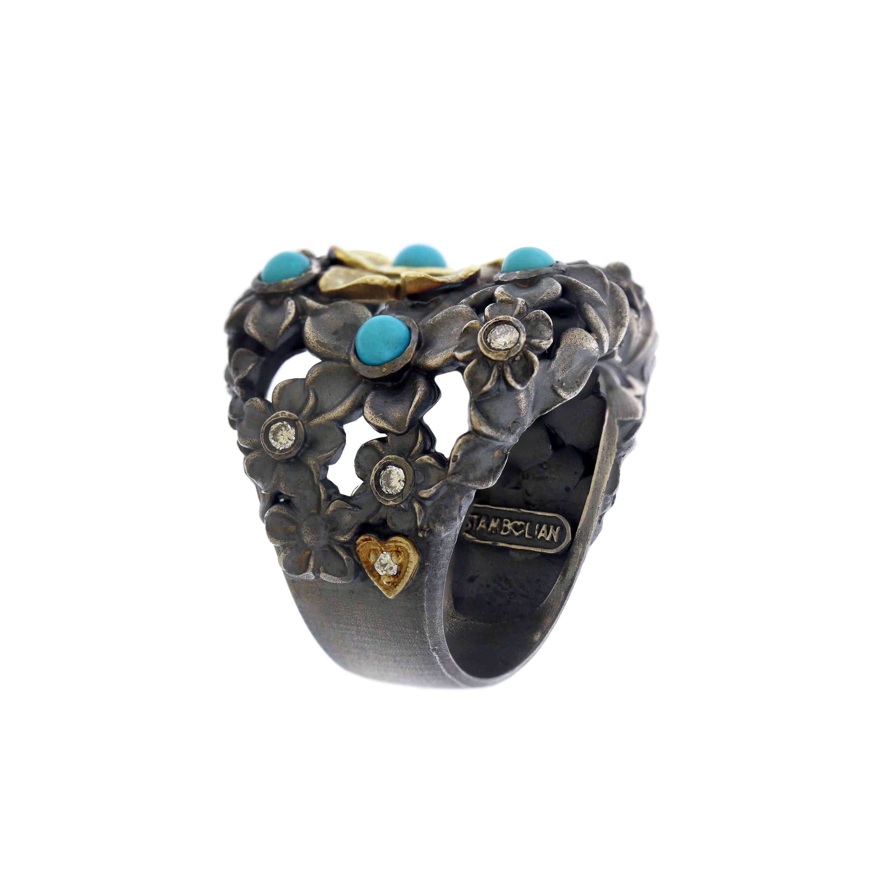 Turquoise Sterling Silver Gold and Diamond Flower Ring Stambolian im Zustand „Neu“ in Boca Raton, FL