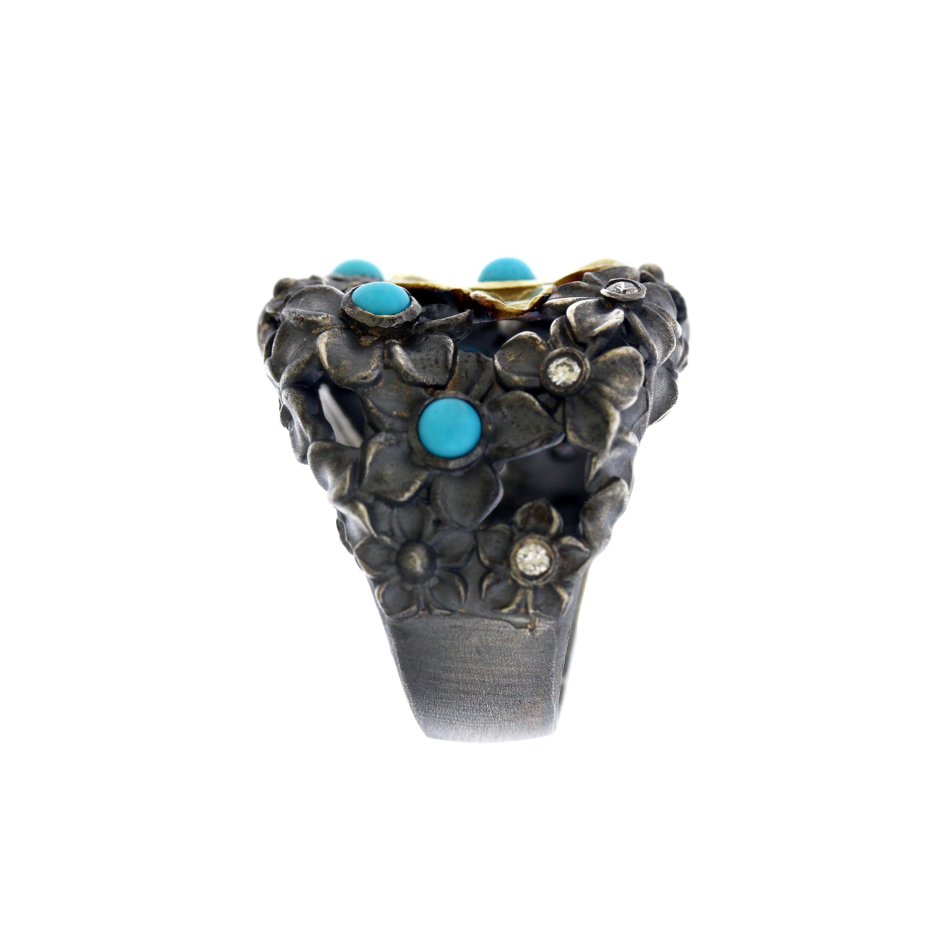Women's Turquoise Sterling Silver Gold and Diamond Flower Ring Stambolian