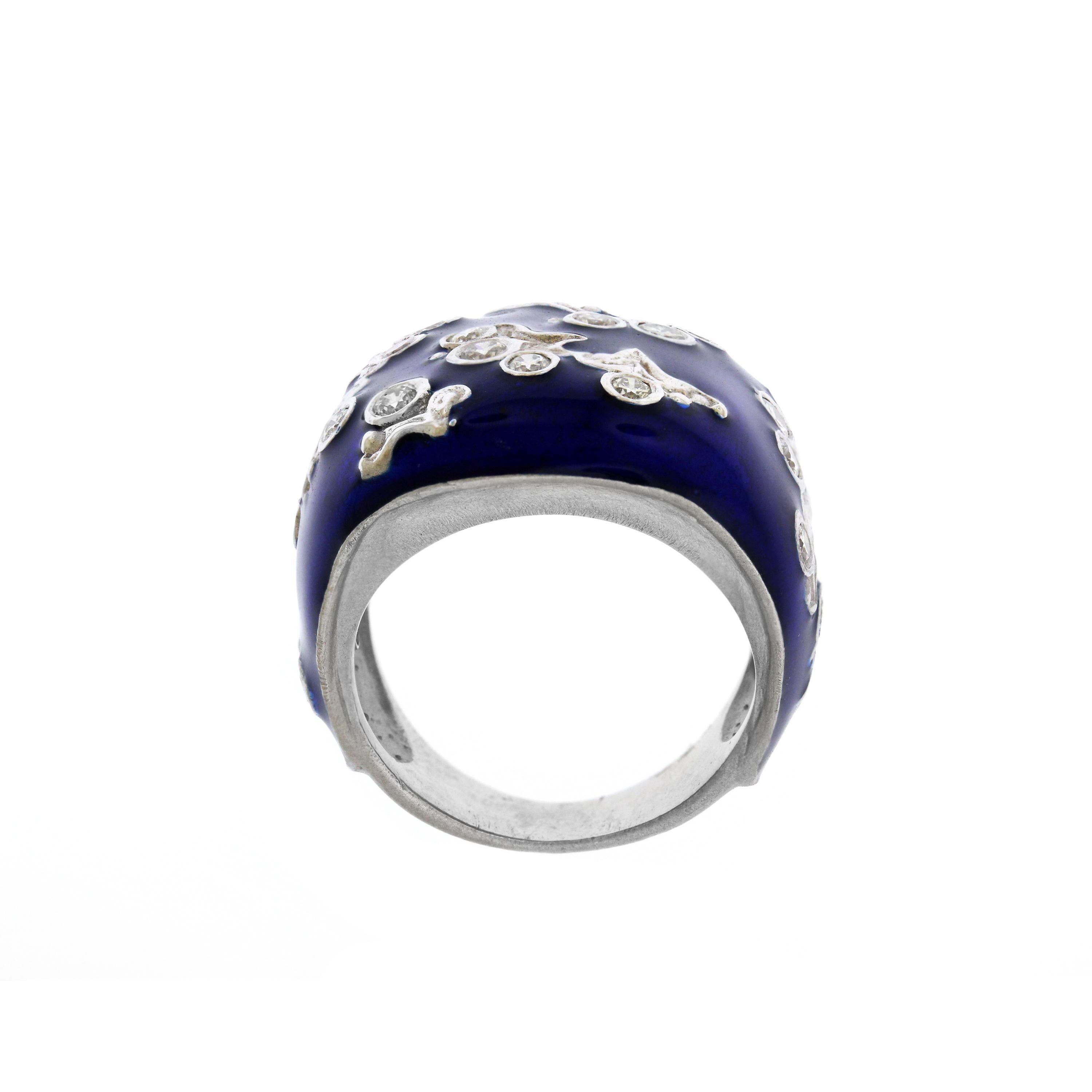 Round Cut Stambolian 18 Karat White Gold Diamond Cobalt Blue Enamel Floral Motif Ring