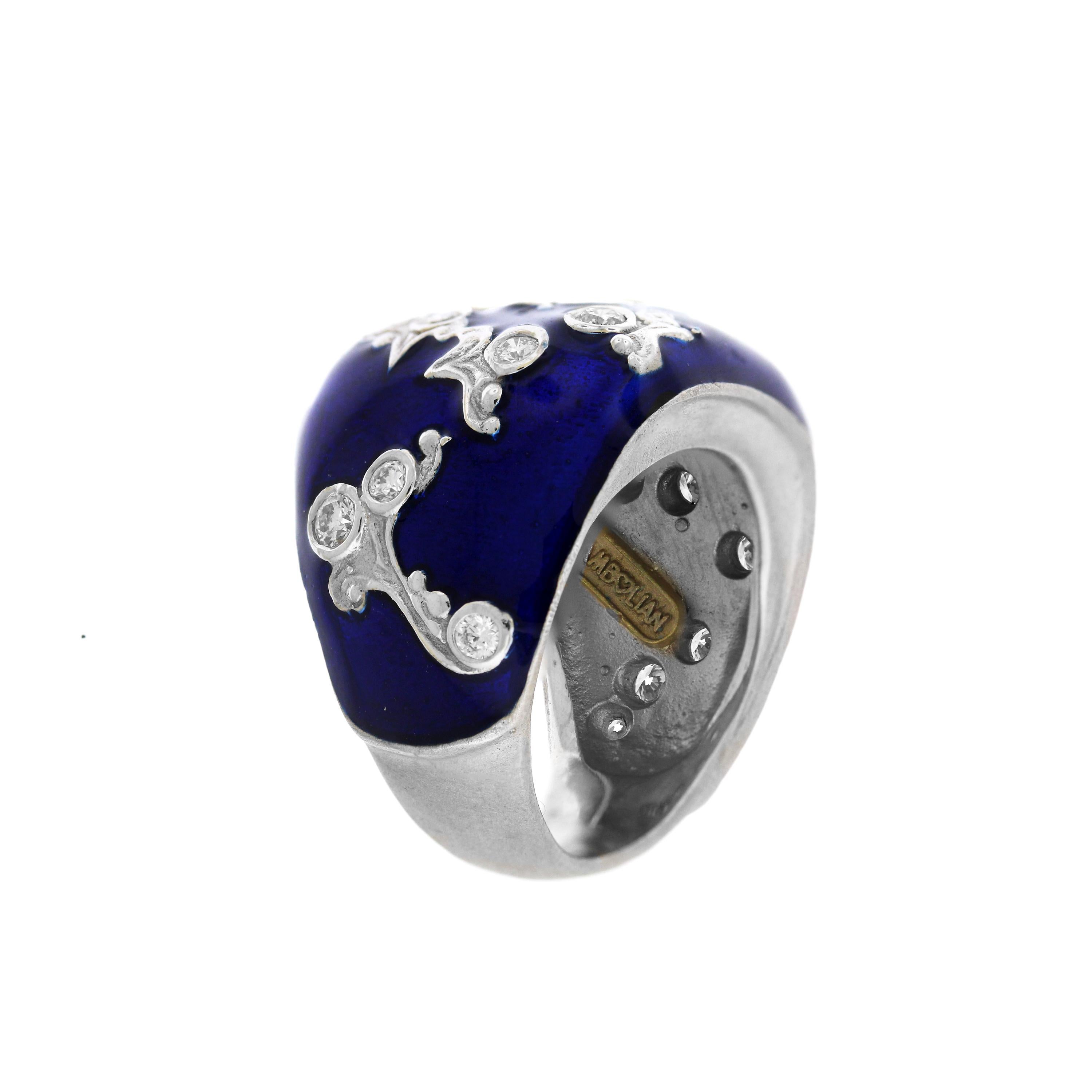 Stambolian 18 Karat White Gold Diamond Cobalt Blue Enamel Floral Motif Ring In New Condition In Boca Raton, FL