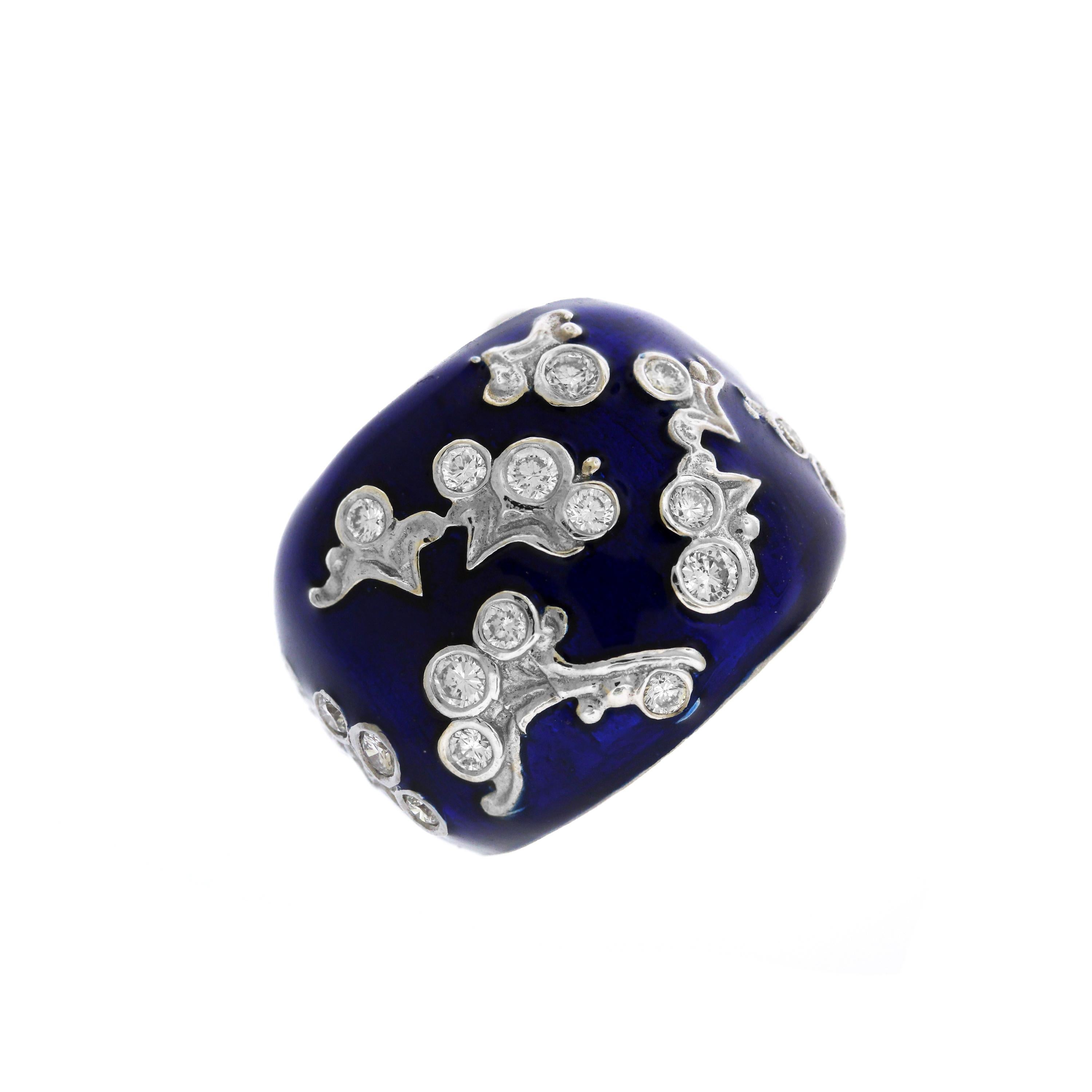 Stambolian 18 Karat White Gold Diamond Cobalt Blue Enamel Floral Motif Ring

0.82 carat G color, VS clarity diamonds

Ring face is 0.8 in., 0.3 band width

Size 7, sizable. 

Ring is signed STAMBOLIAN and has the Trademark 