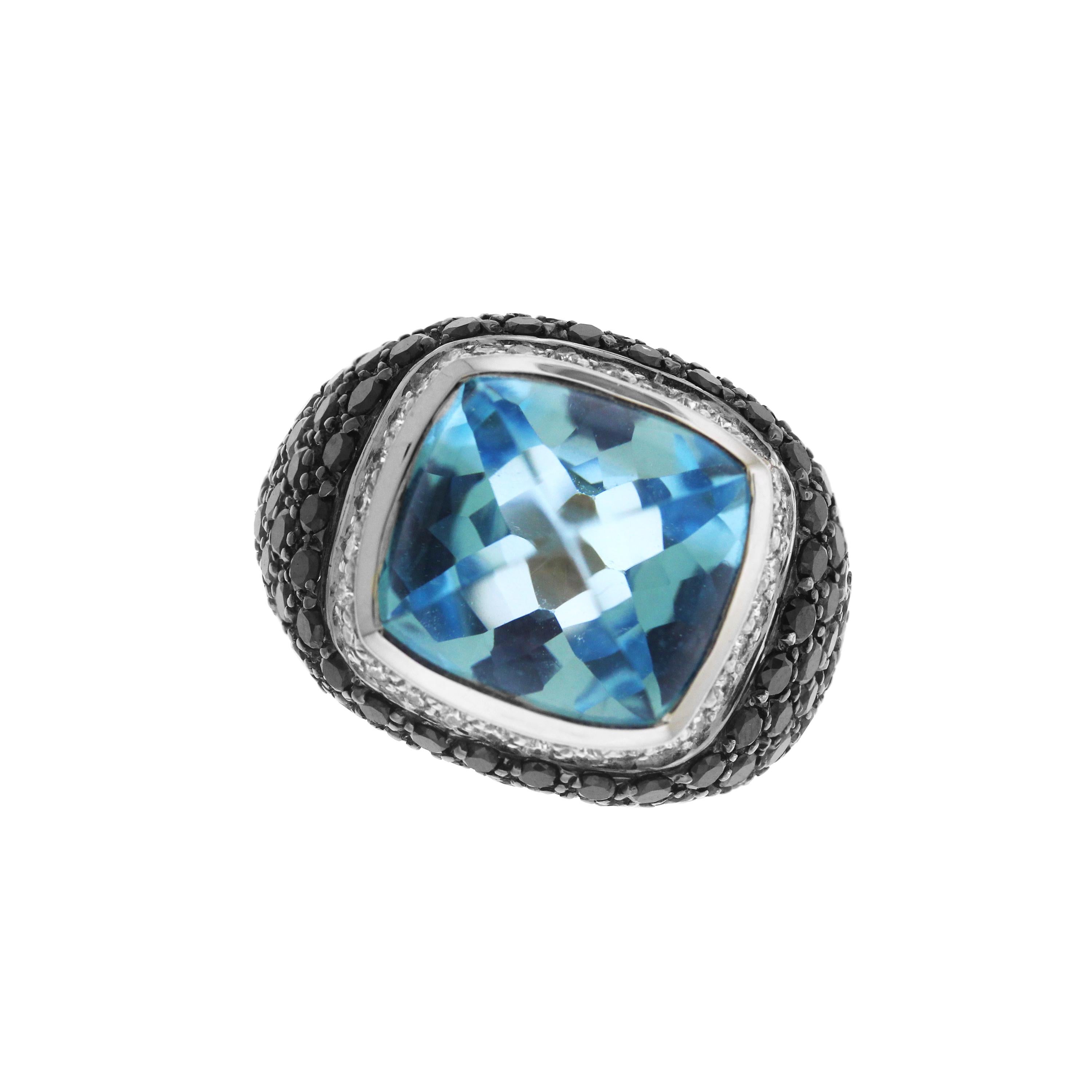 Casato Cushion Cut Blue Topaz Black White Diamonds 18K Gold Dome Ring In New Condition In Boca Raton, FL