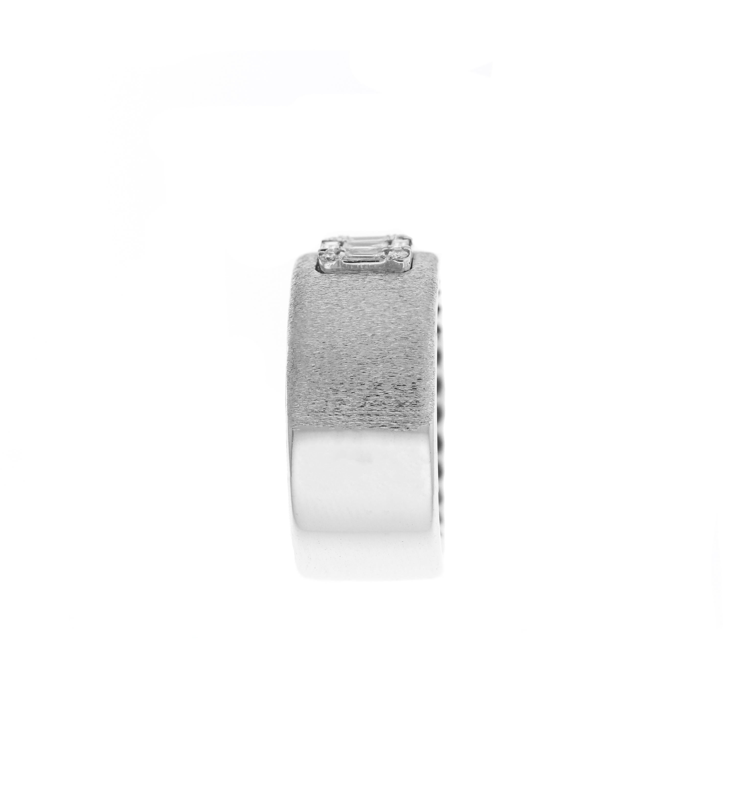 IF YOU ARE REALLY INTERESTED, CONTACT US WITH ANY REASONABLE OFFER. WE WILL TRY OUR BEST TO MAKE YOU HAPPY!

18K White Gold Matte Brushed Finish with Baguette and Round Diamonds Band Ring 

0.18 carat G color, VS clarity baguette and round