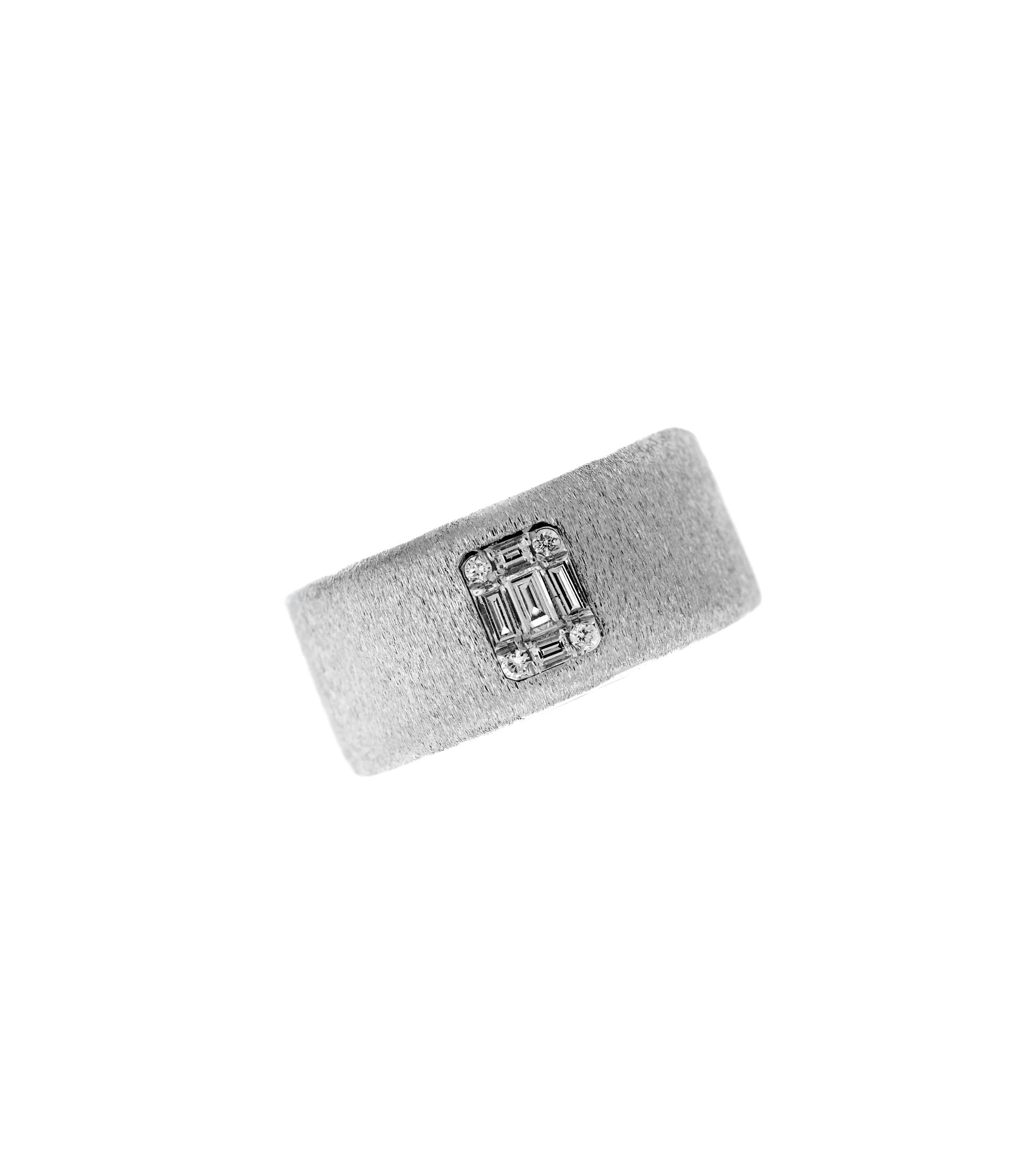 Baguette Cut White Gold Matte Brushed Finish and Baguette Diamond Band Ring