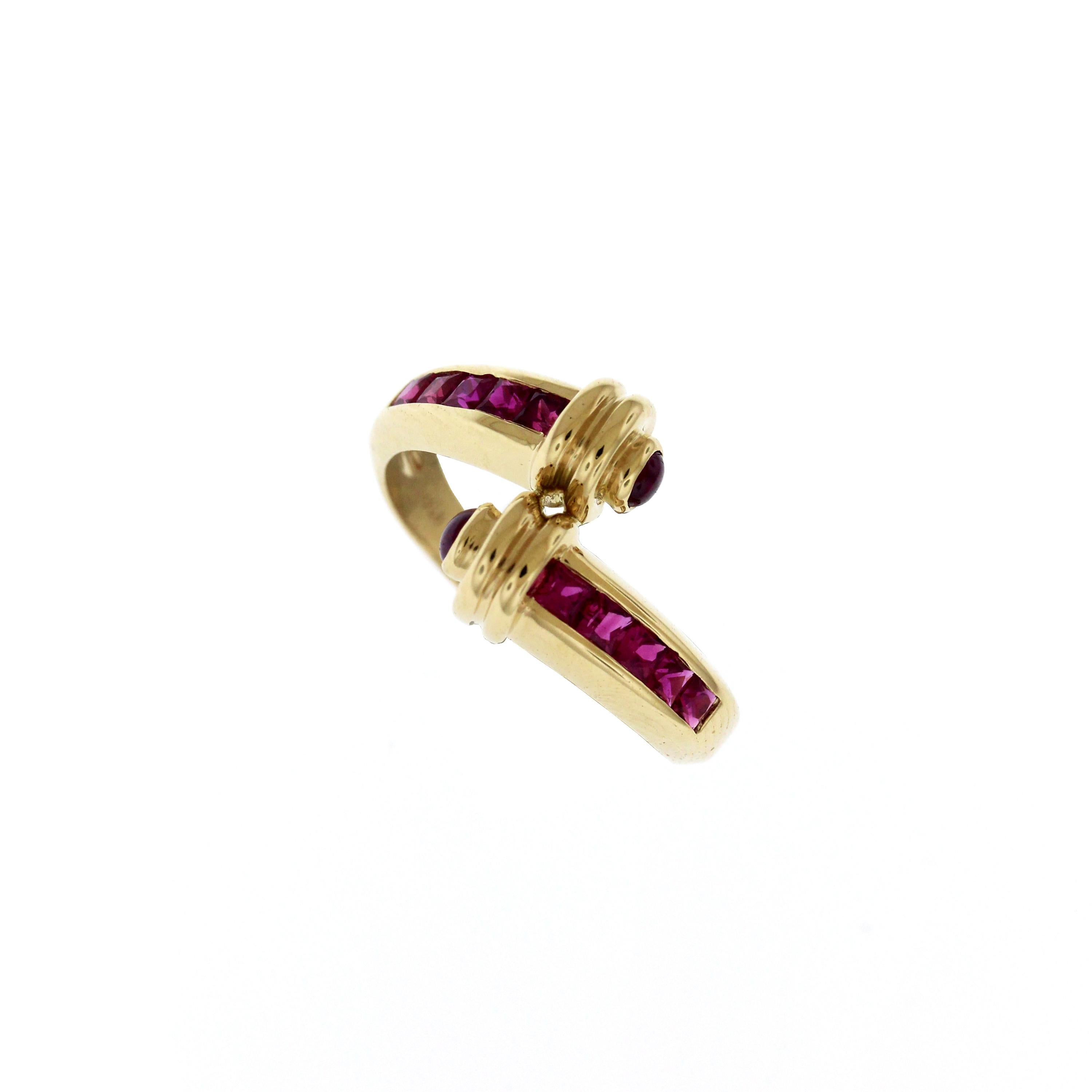 Princess Cut Yellow Gold Ruby and Cabochon Crossover Ring