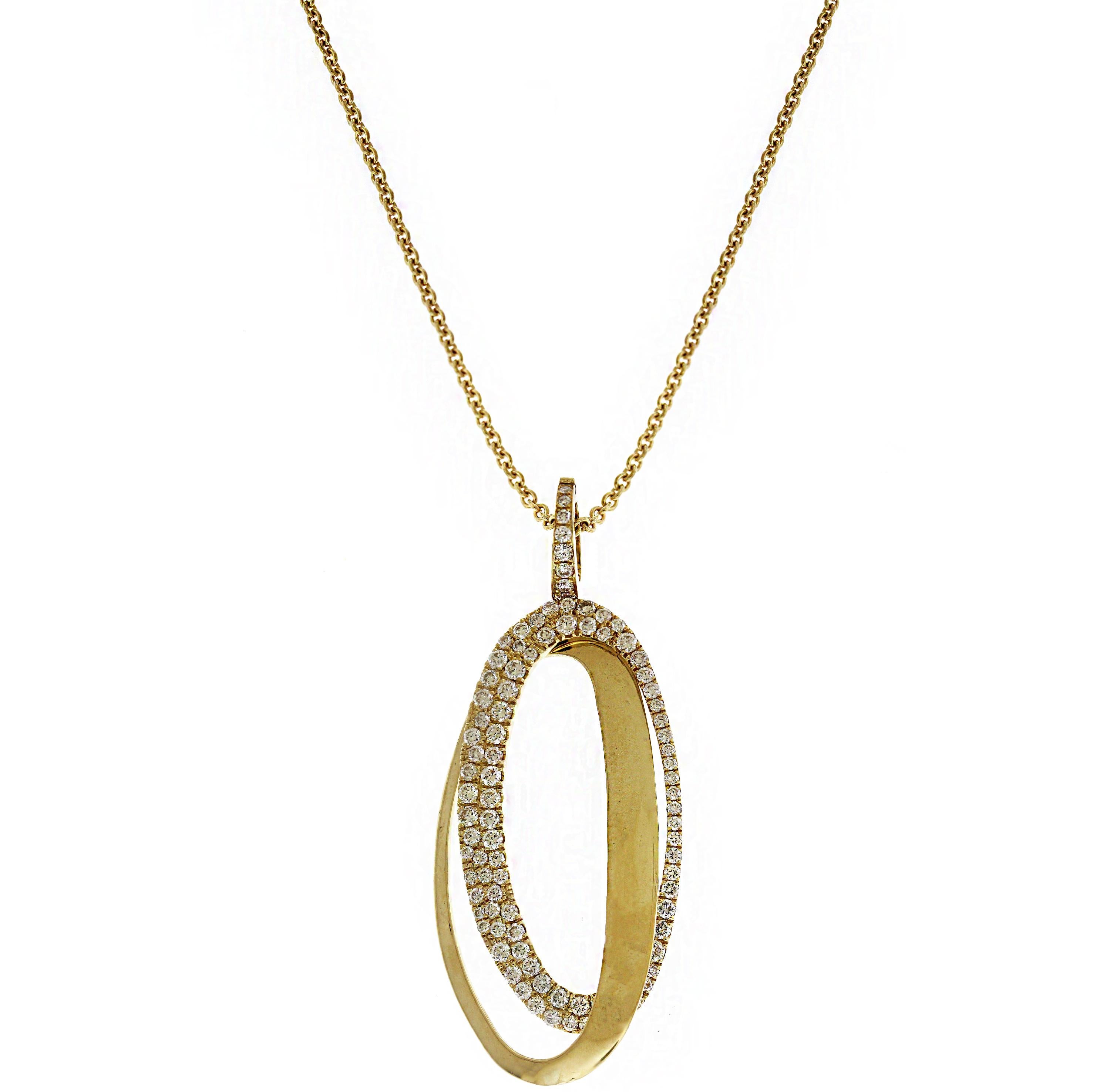 Round Cut Diamond and Yellow Gold Interlocking Oval Pendant Necklace