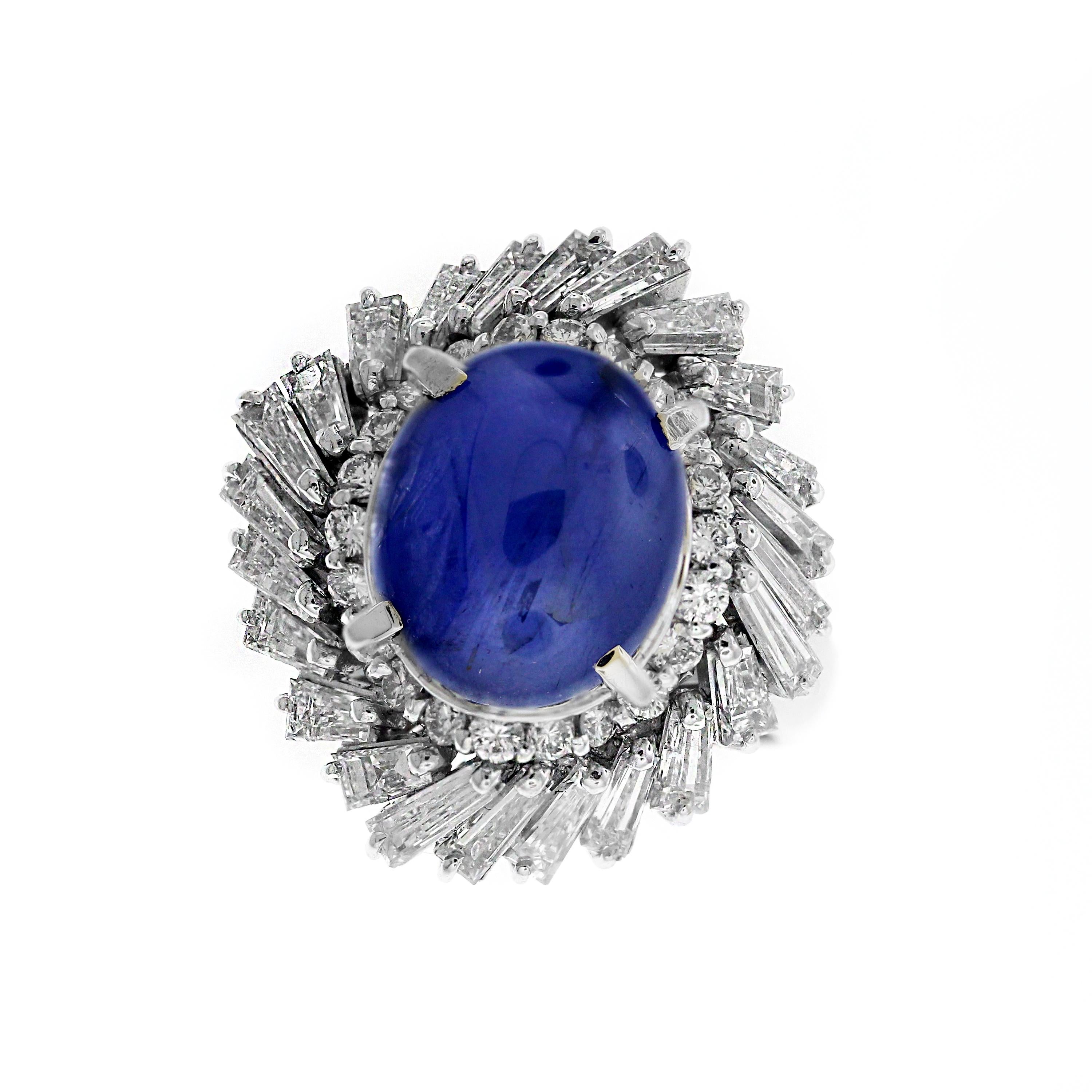 Oval Cut Blue Sapphire Ring Cabochon with Baguette Diamonds Platinum
