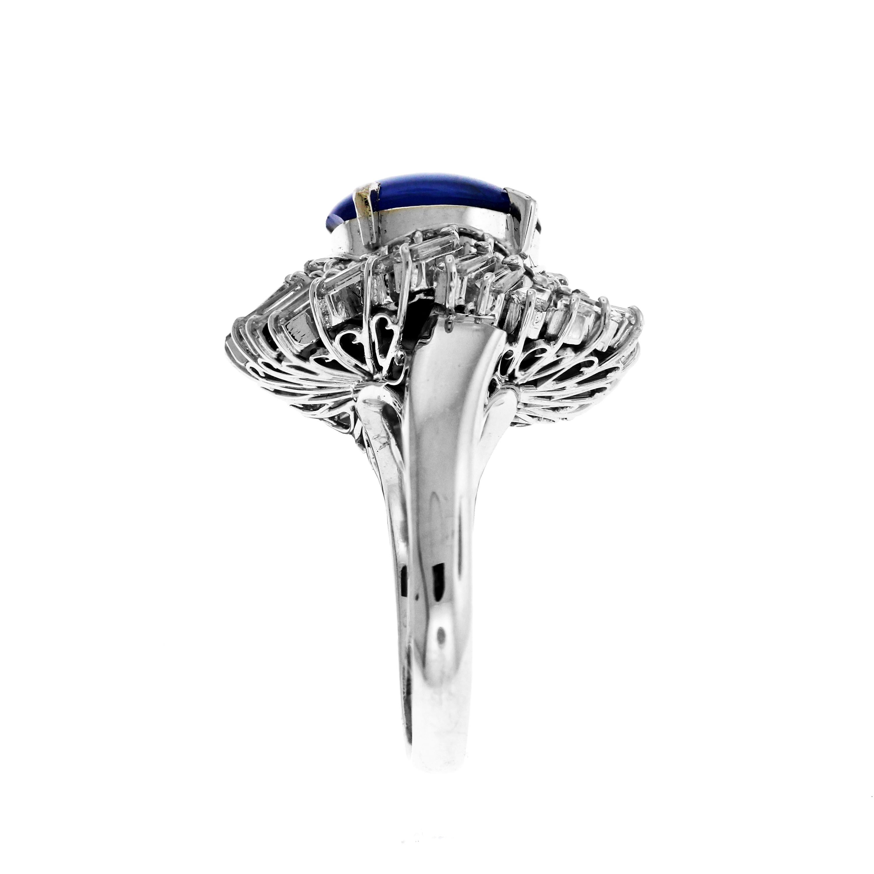 Blue Sapphire Ring Cabochon with Baguette Diamonds Platinum In Excellent Condition In Boca Raton, FL
