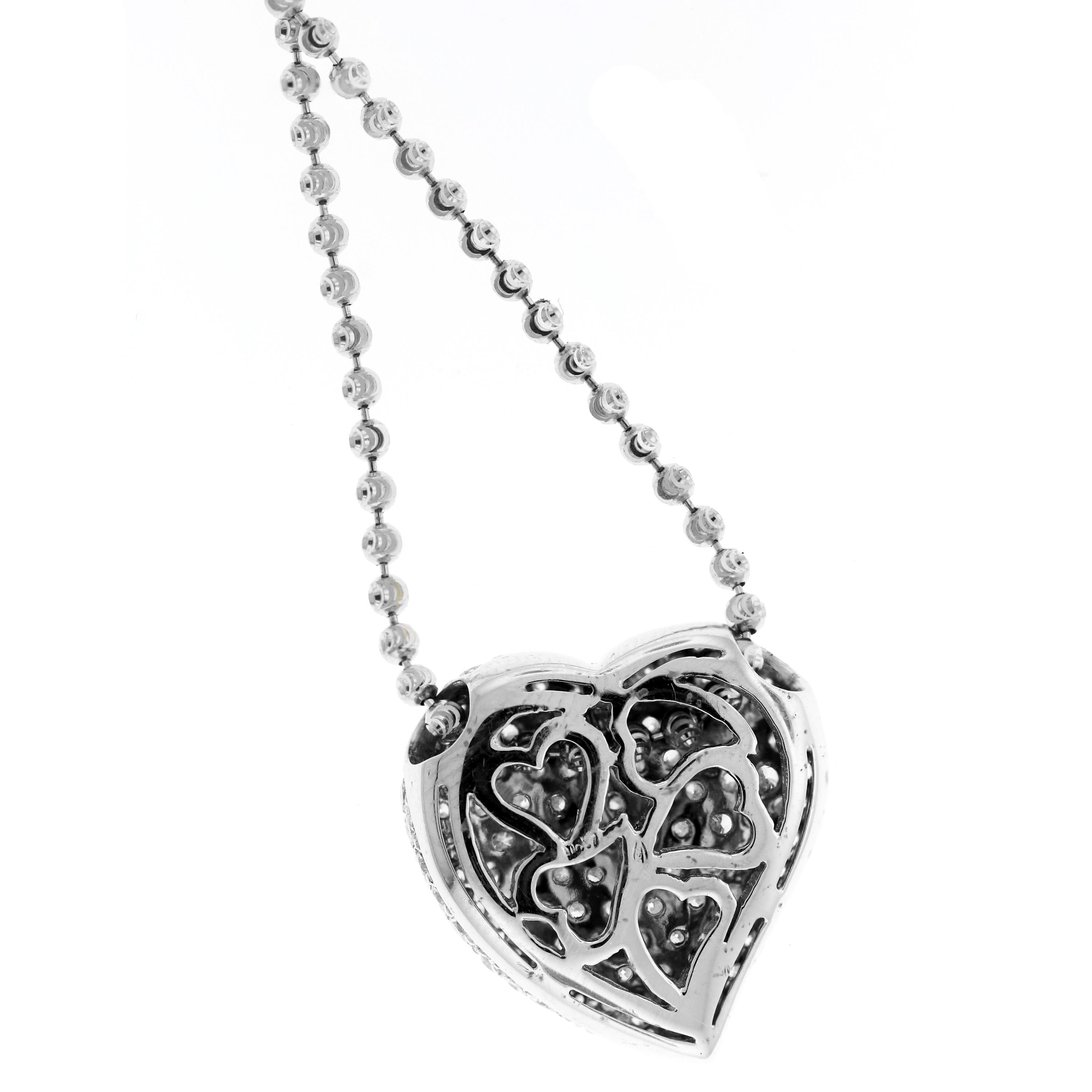 IF YOU ARE REALLY INTERESTED, CONTACT US WITH ANY REASONABLE OFFER. WE WILL TRY OUR BEST TO MAKE YOU HAPPY!

18K White Gold and Diamond Curved Heart Pendant Necklace with Ball Chain

Heart Pendant has 3 carat G color, VS clarity diamonds

Pendant is