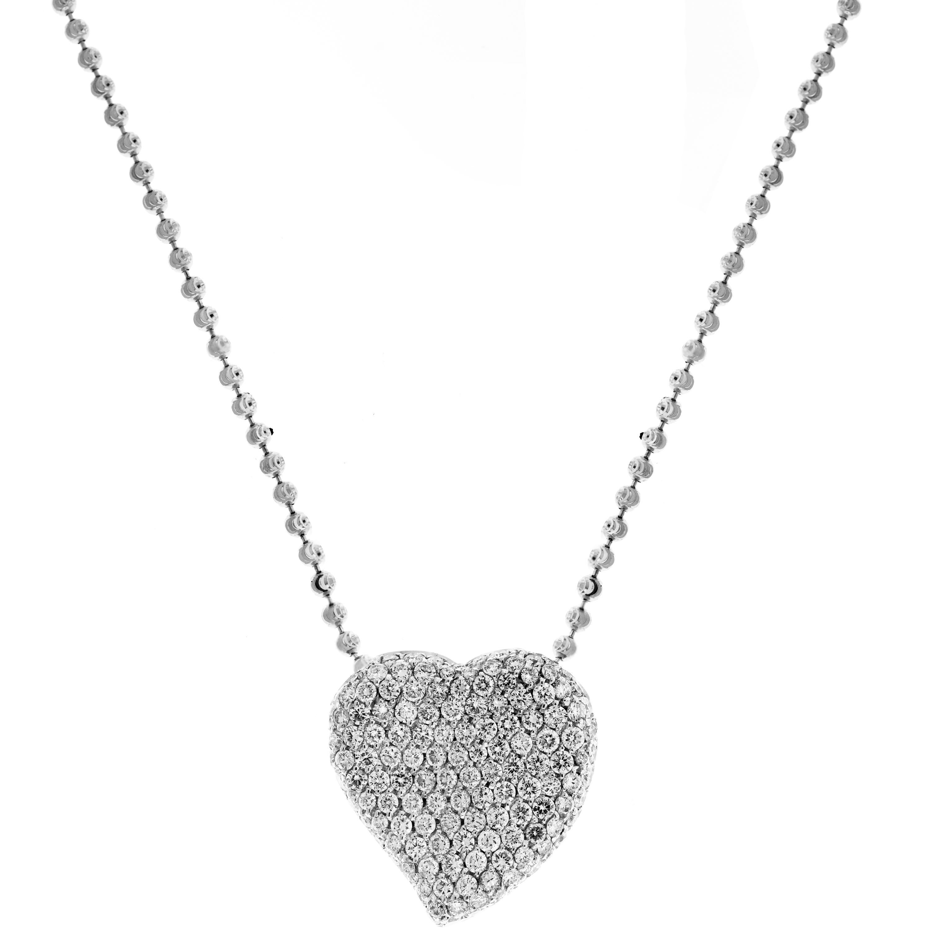 Diamond Heart Pendant White Gold Necklace with Ball Chain