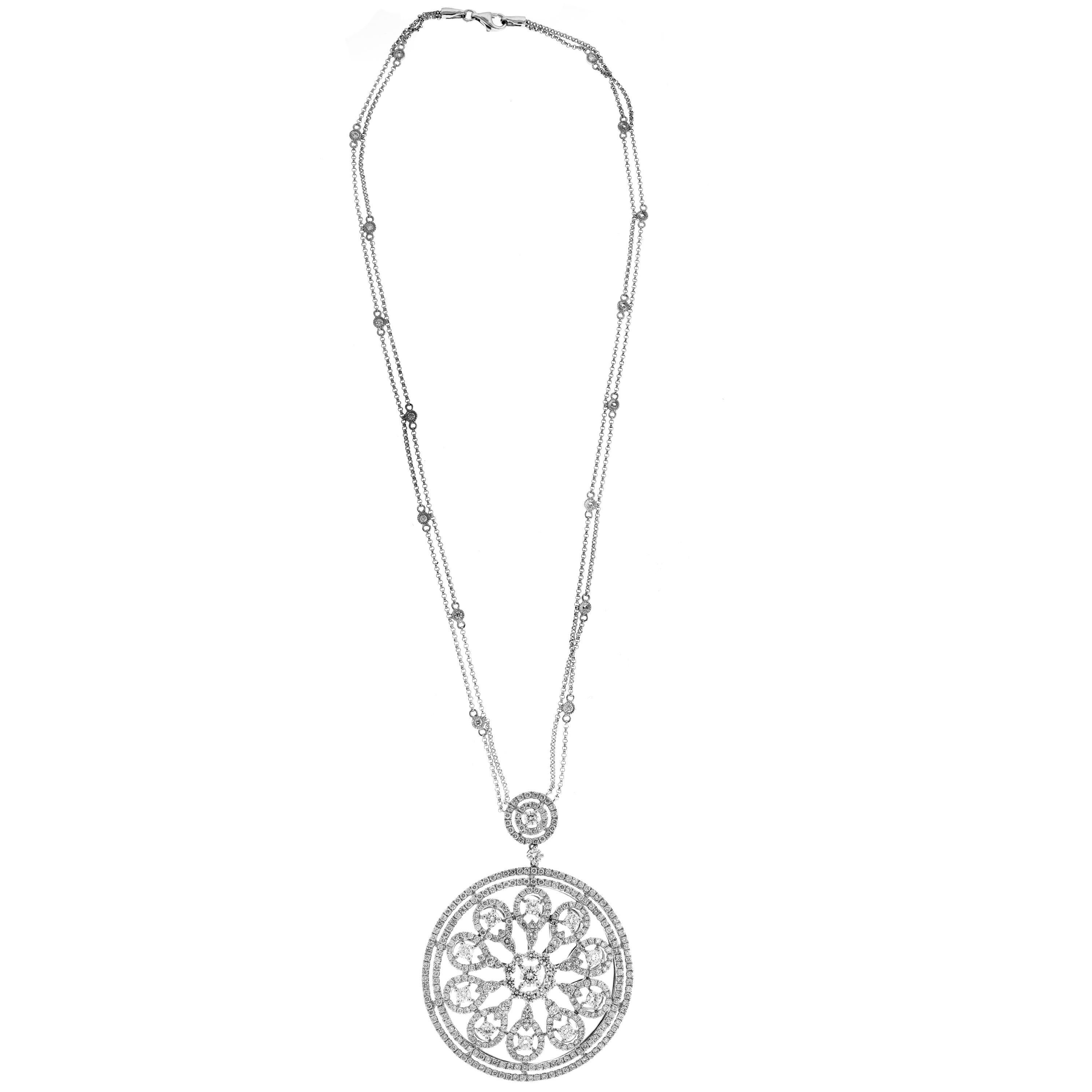 18K White Gold and Diamond Round Pendant hung on a Double-link chain with Diamond bezels 

This necklace is an incredible statement piece. One of a kind.

7 carats G color, VS clarity diamonds total weight on pendant and chain 

Chain has 16 diamond