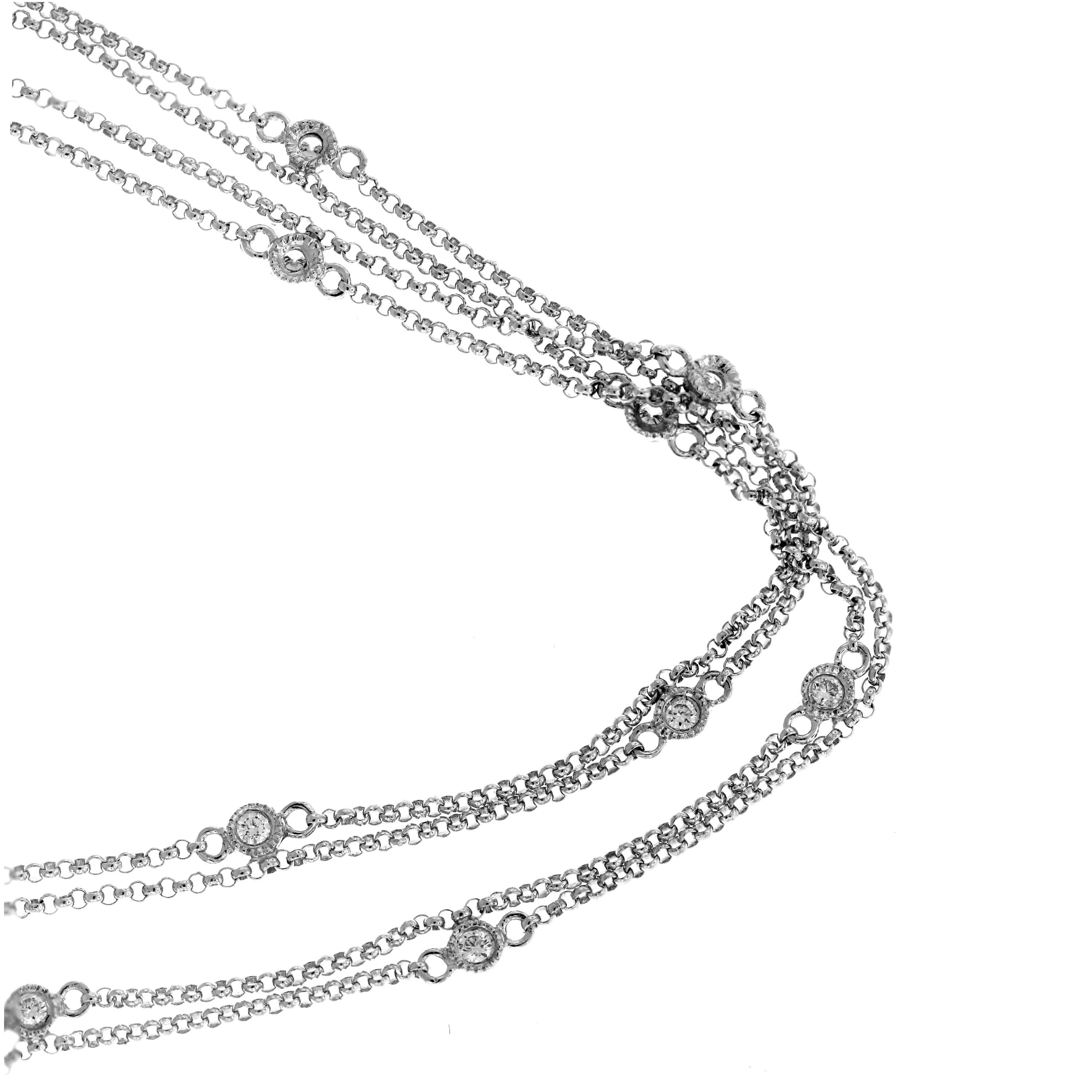 Round Cut White Gold and Diamond Round Pendant with Double Link Diamond Bezel Chain For Sale
