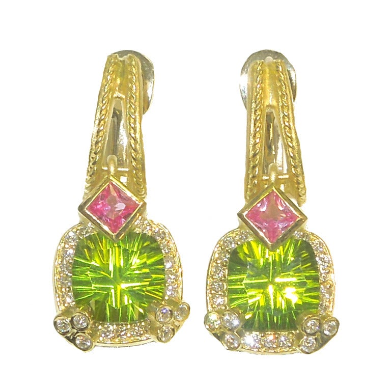 Peridot Sapphire Diamond Gold Earrings